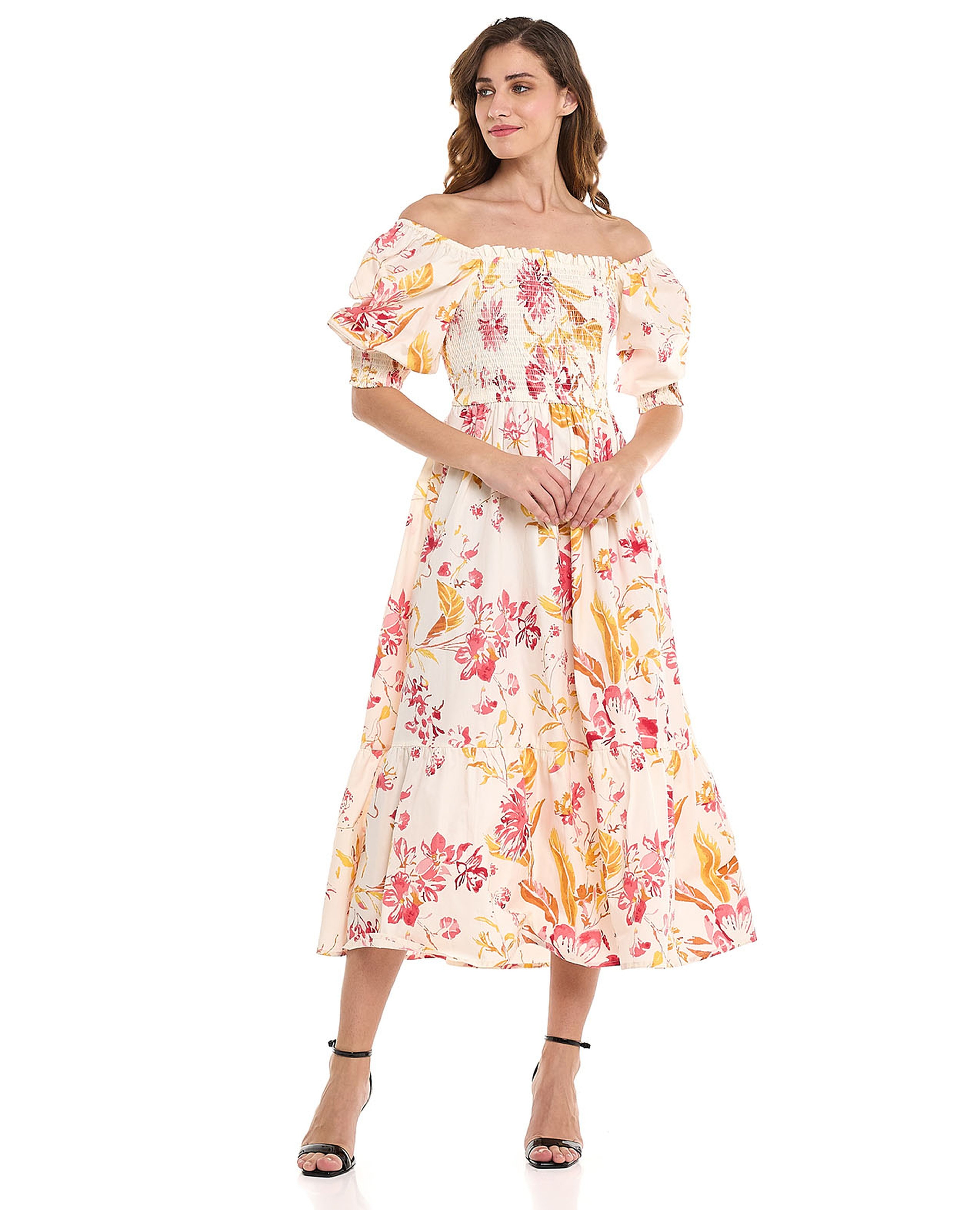 فستان ميدي مكشوف الأكتاف بطبعة الورود