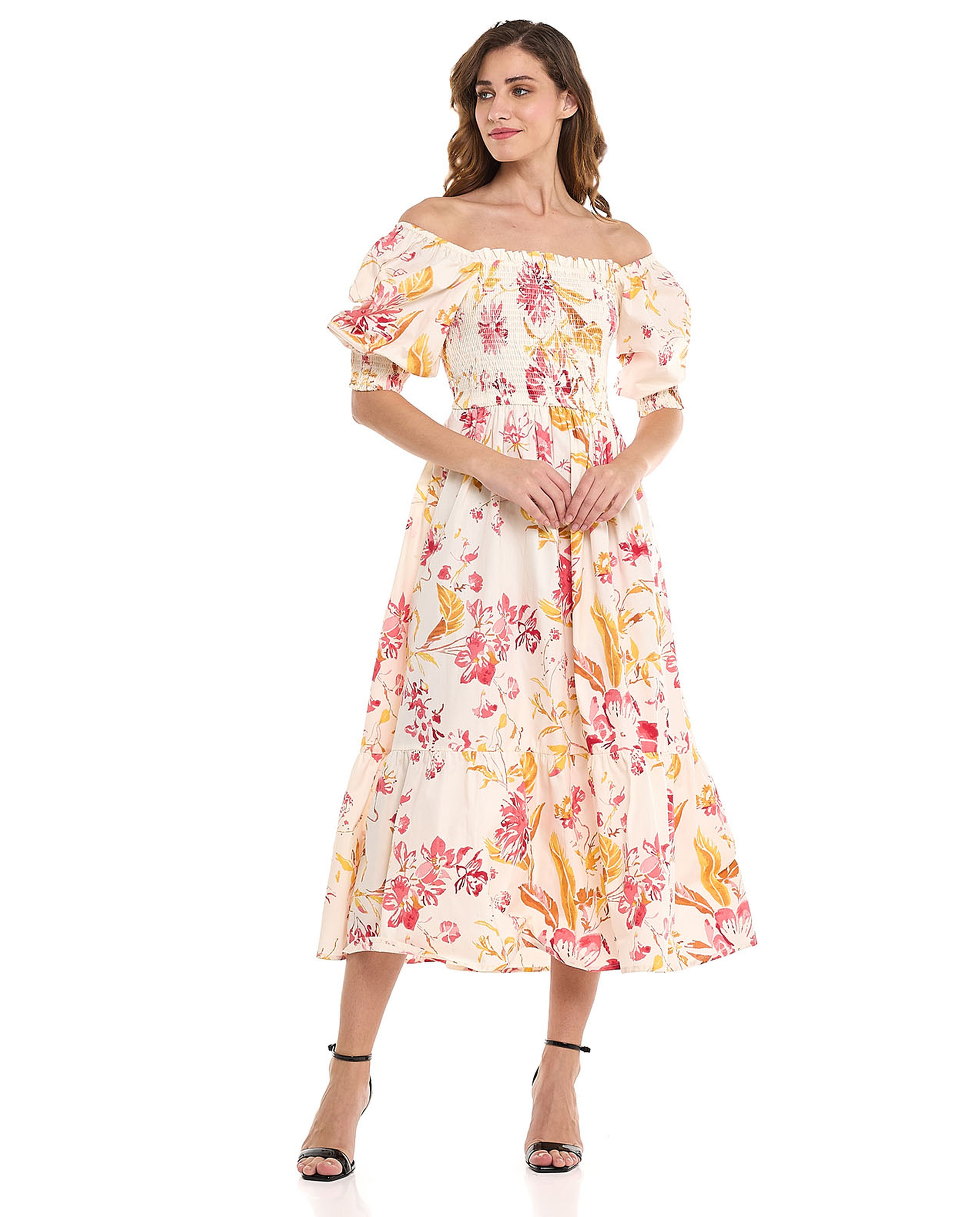 Floral Print Off Shoulder Midi Dress