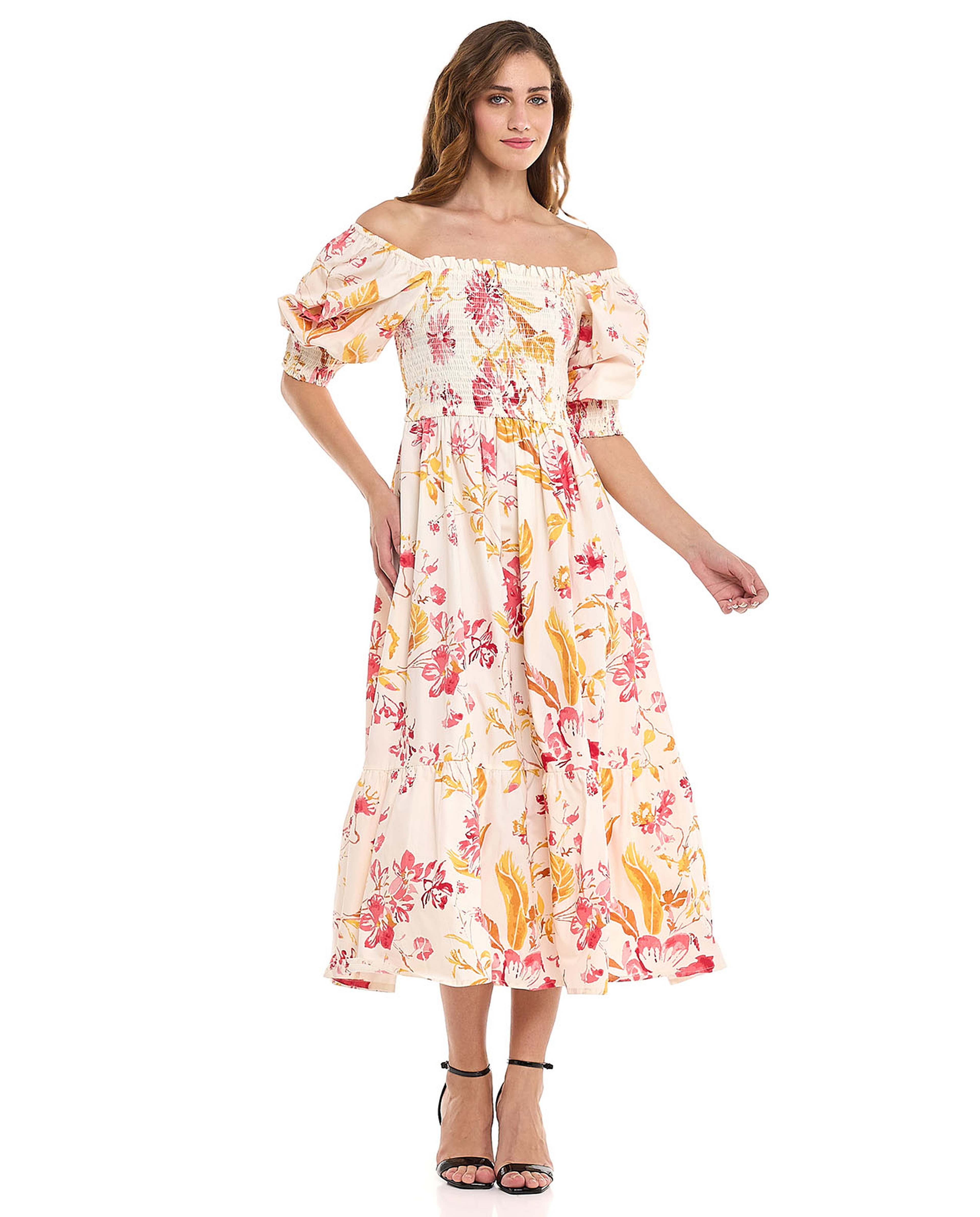 Floral Print Off Shoulder Midi Dress