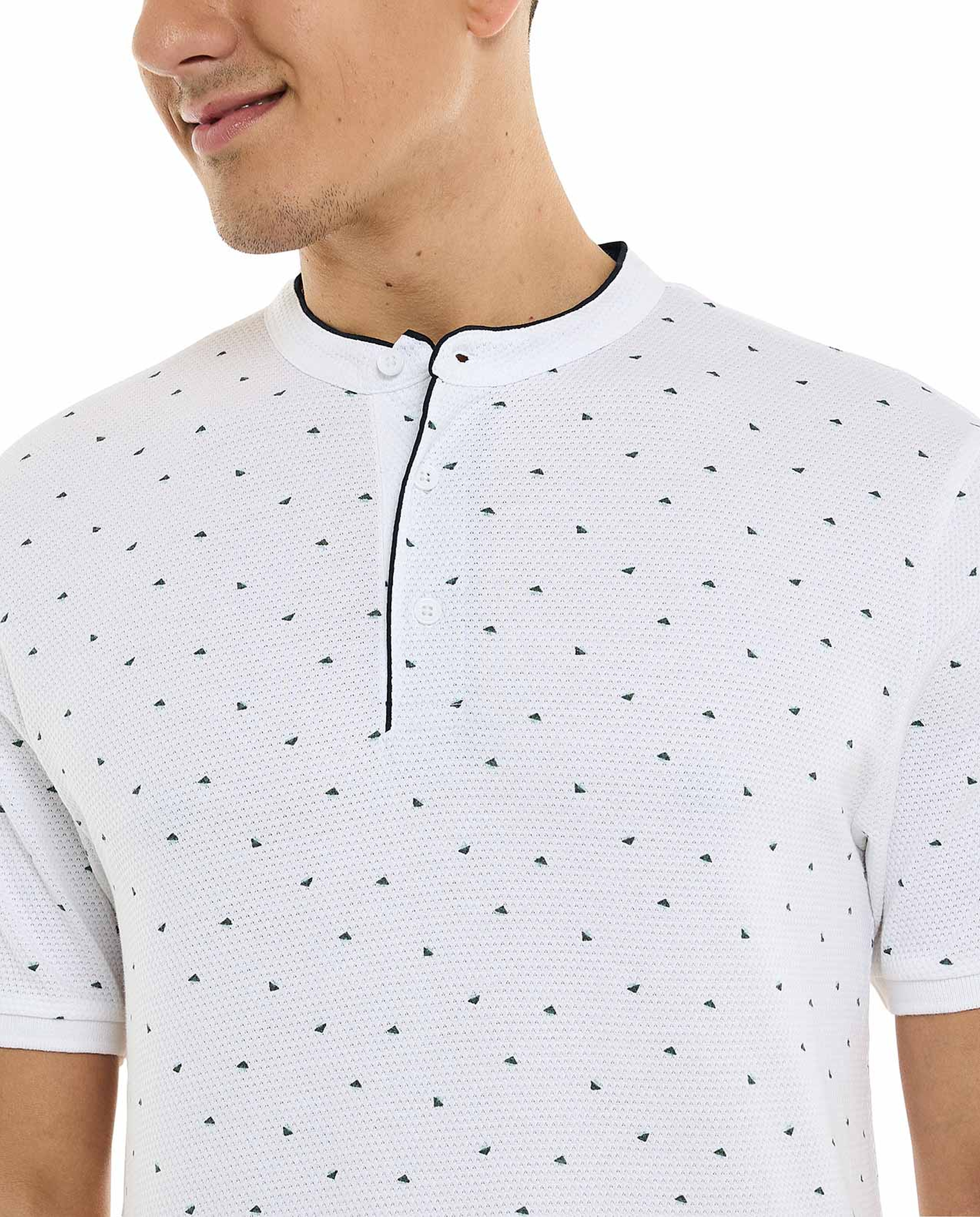 Patterned T-Shirt with Mandarin Collar and Short Sleeves