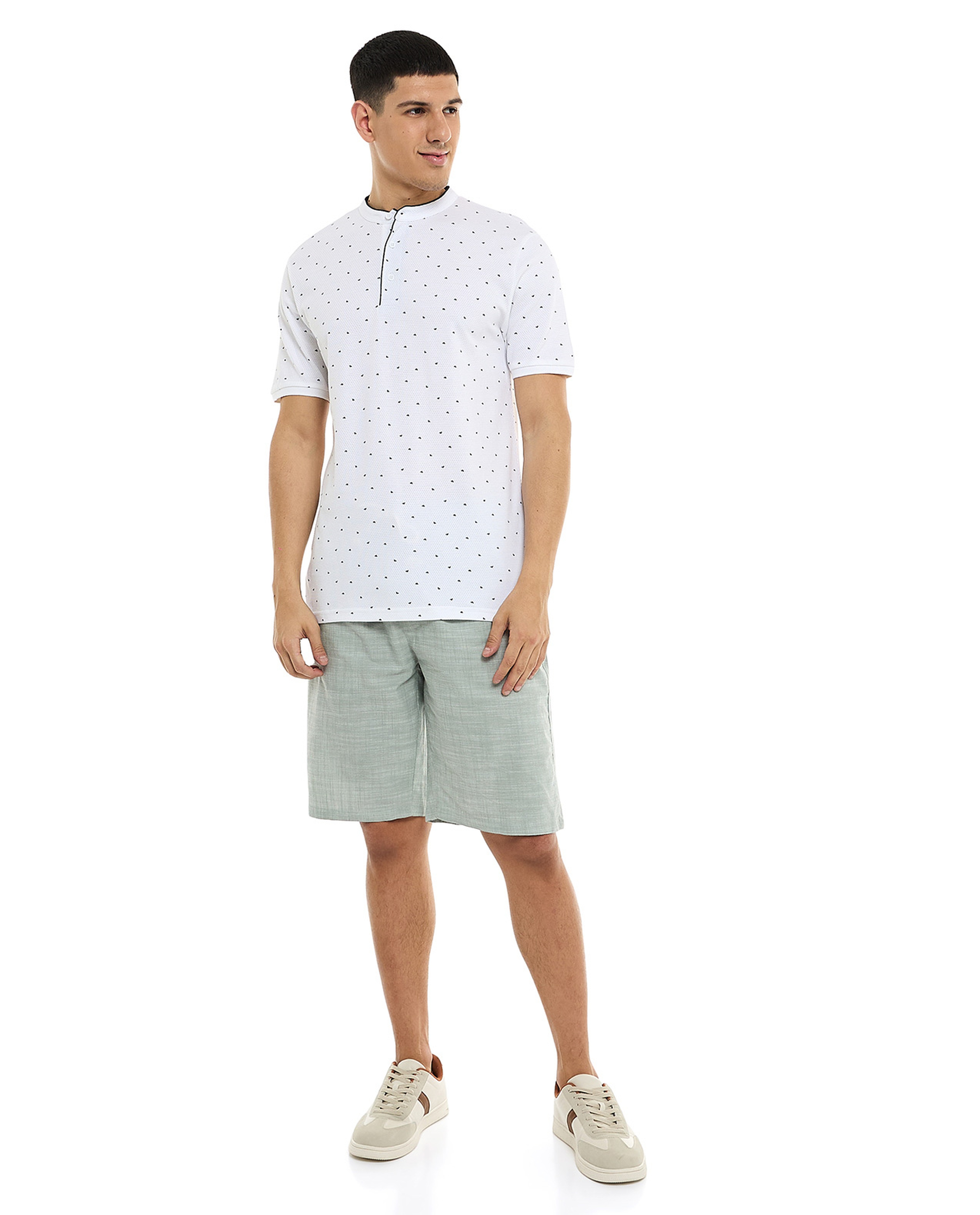 Patterned T-Shirt with Mandarin Collar and Short Sleeves