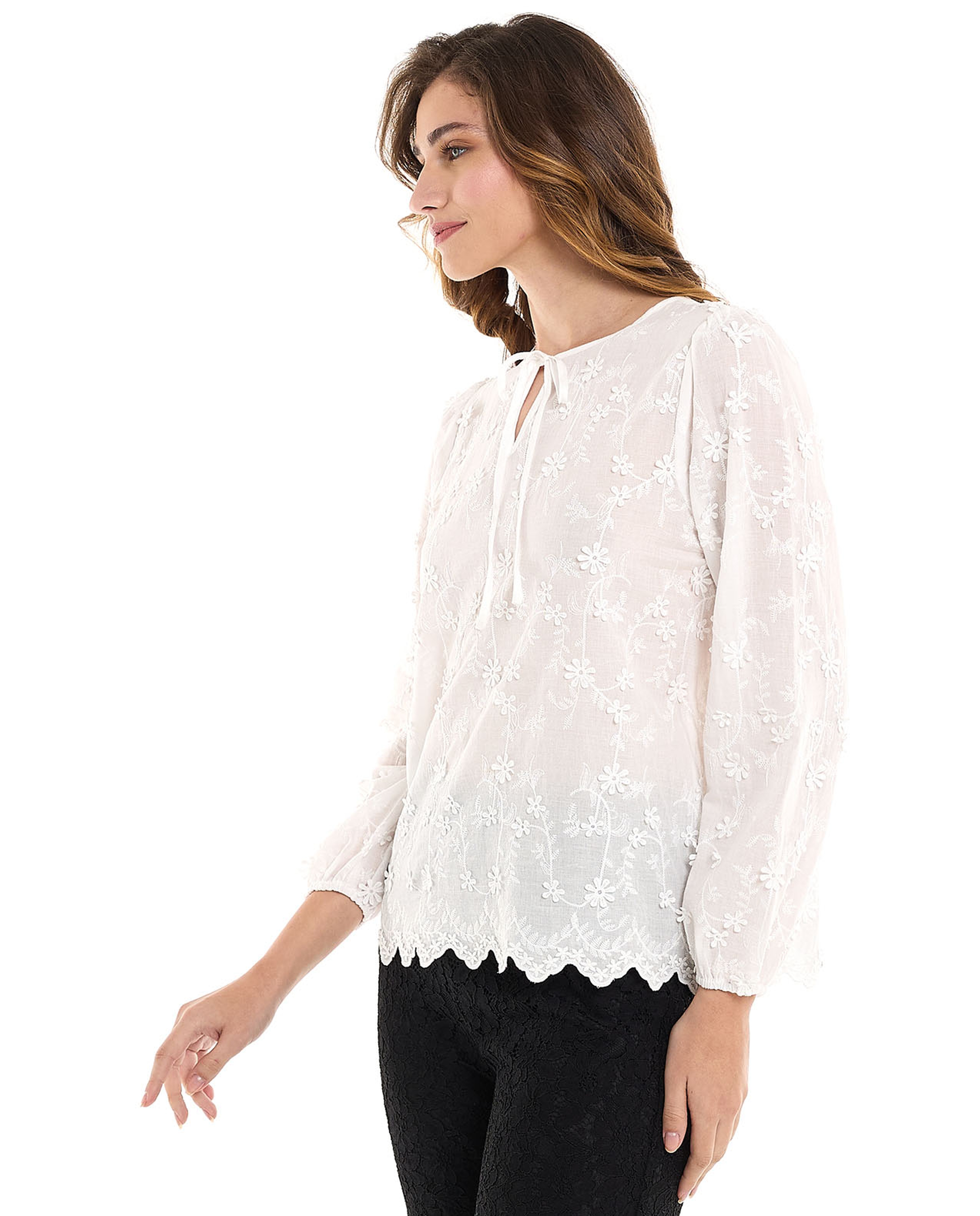 Embroidered Top with Tie-Up Neck and Long Sleeves