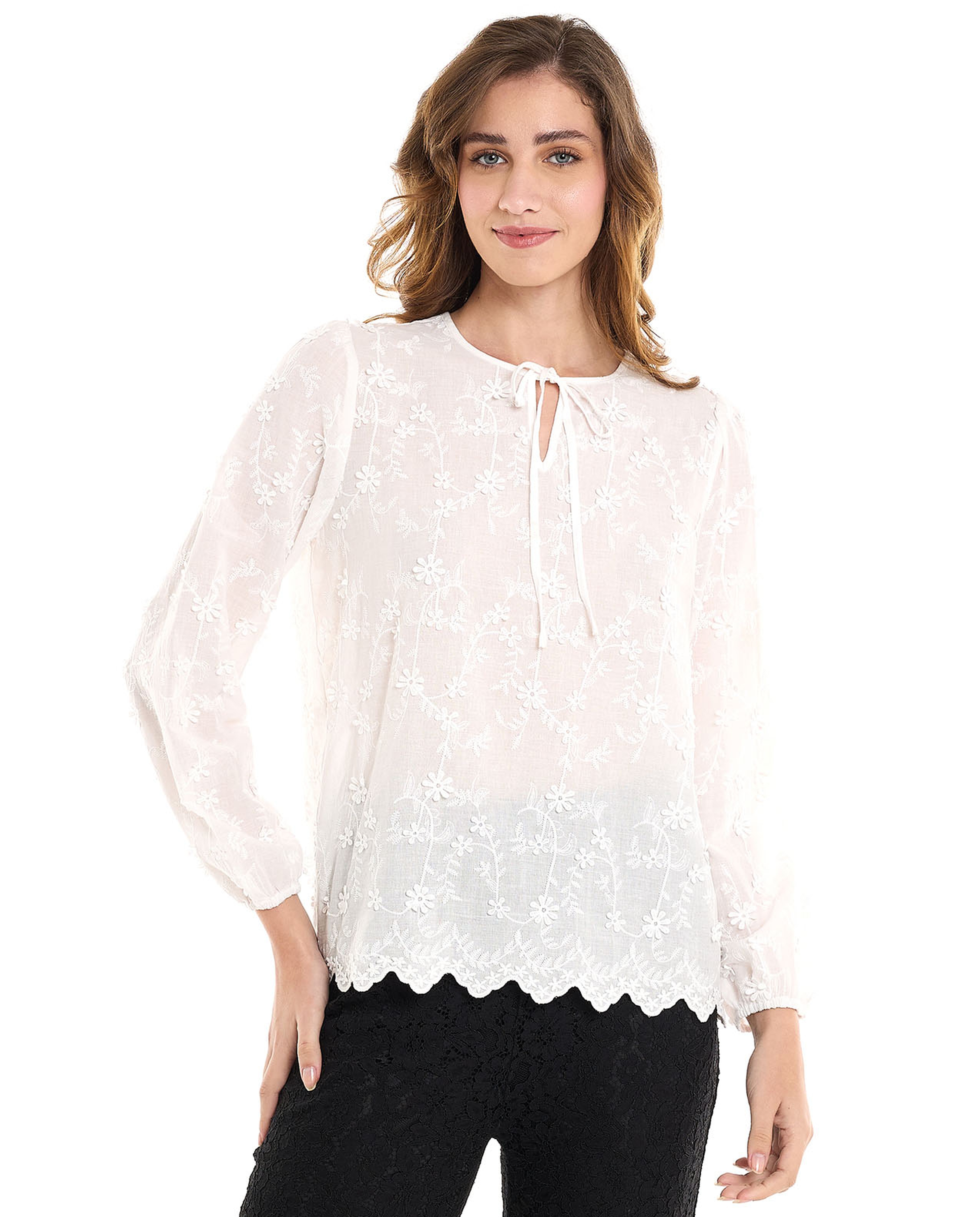 Embroidered Top with Tie-Up Neck and Long Sleeves
