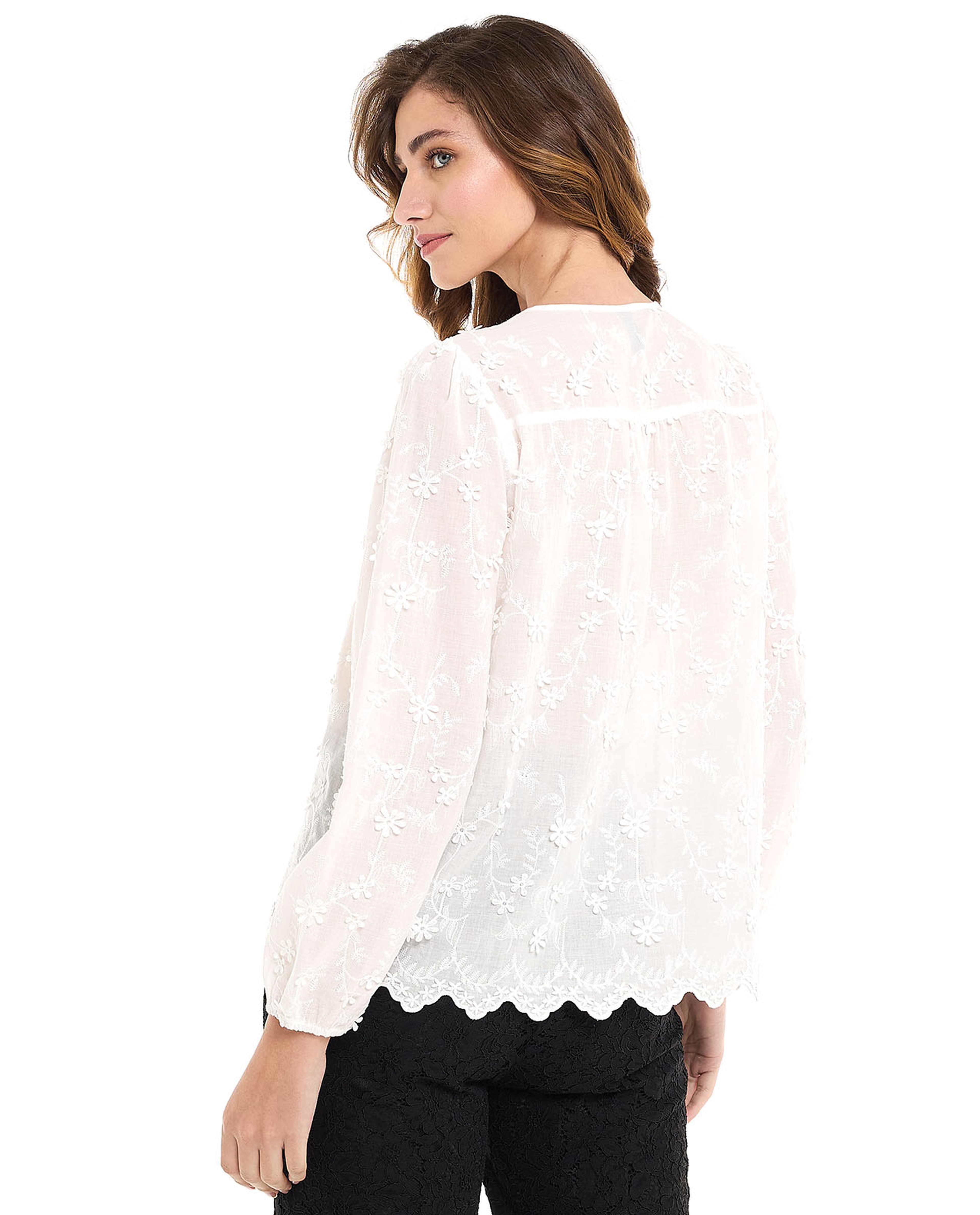 Embroidered Top with Tie-Up Neck and Long Sleeves