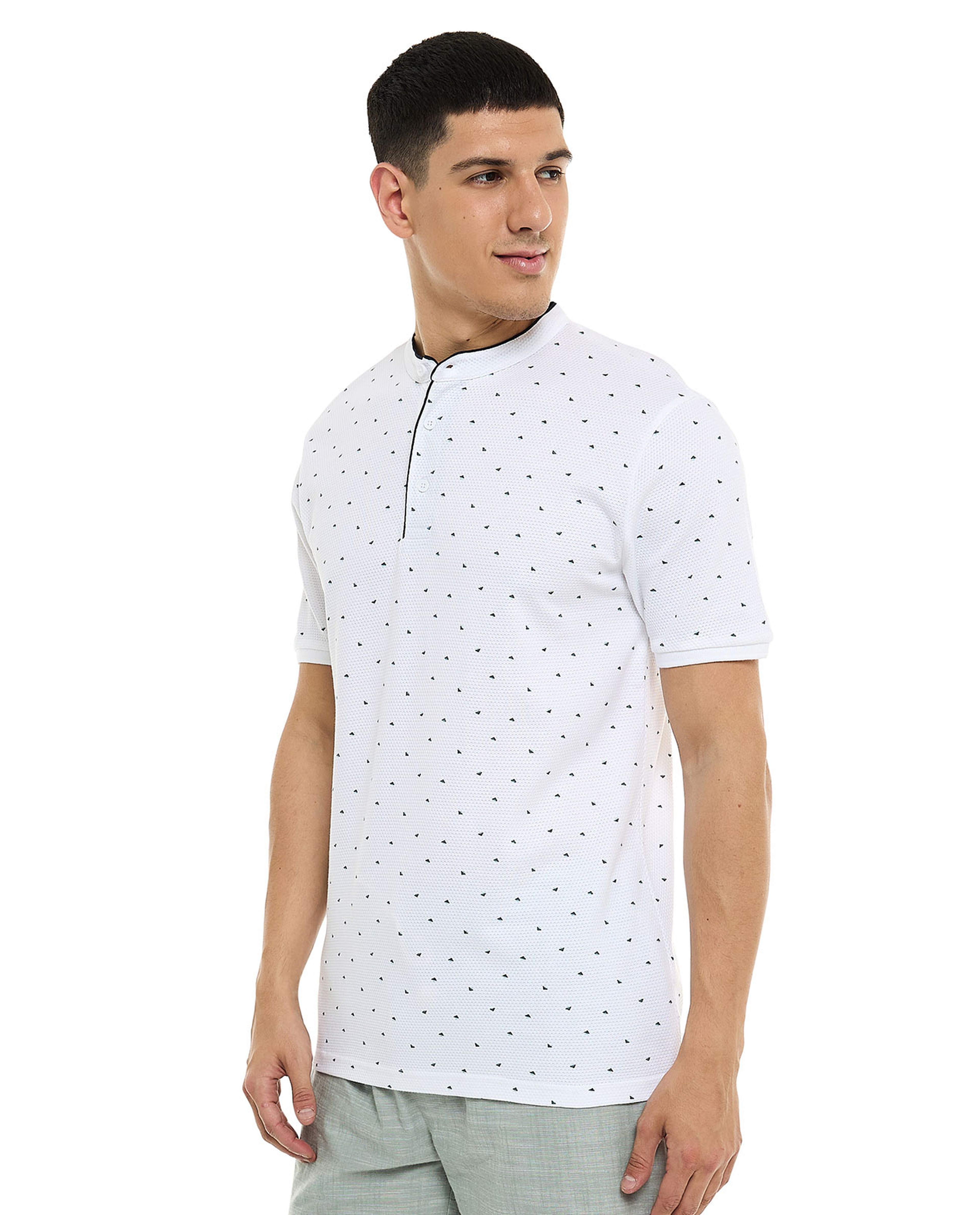 Patterned T-Shirt with Mandarin Collar and Short Sleeves