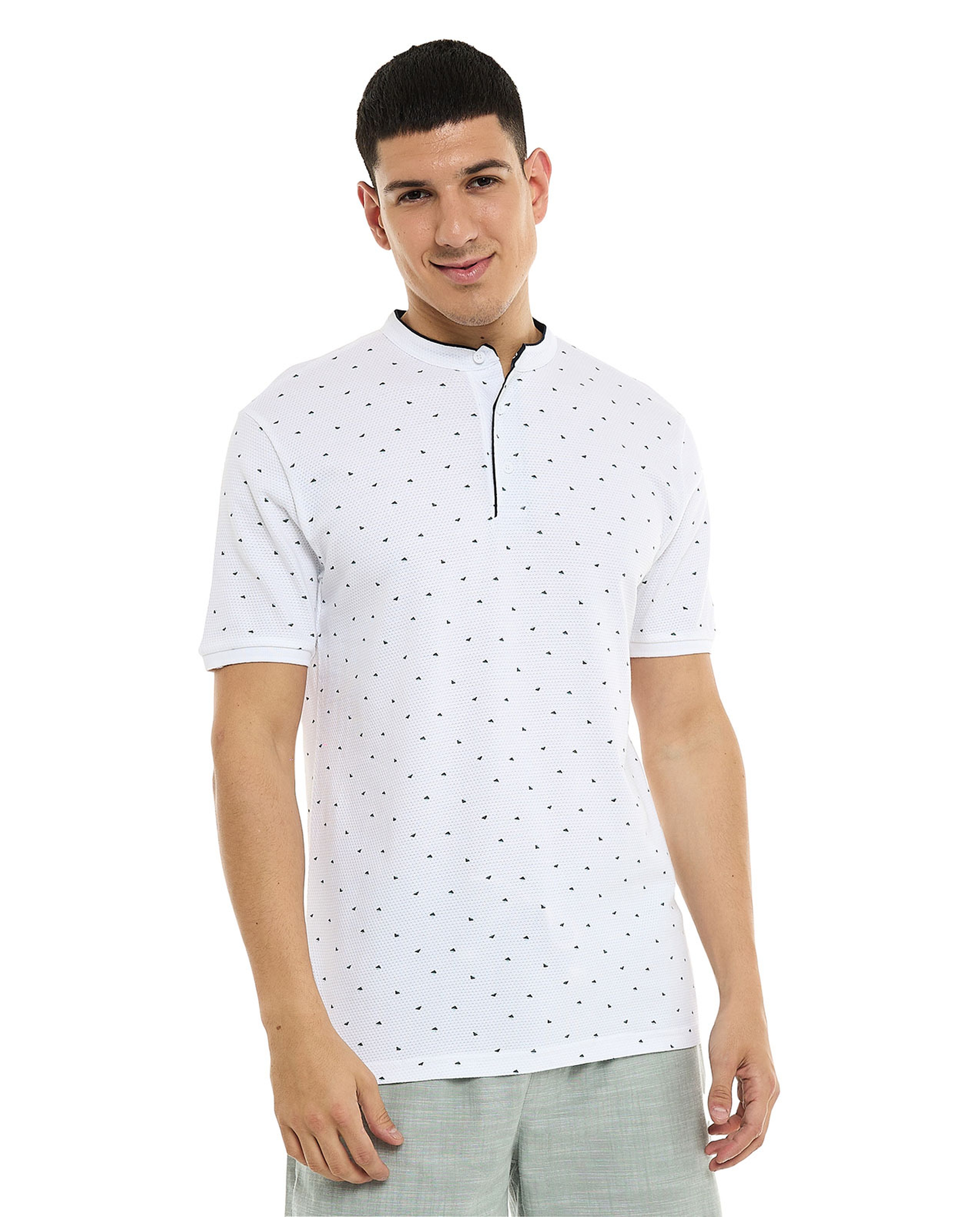 Patterned T-Shirt with Mandarin Collar and Short Sleeves