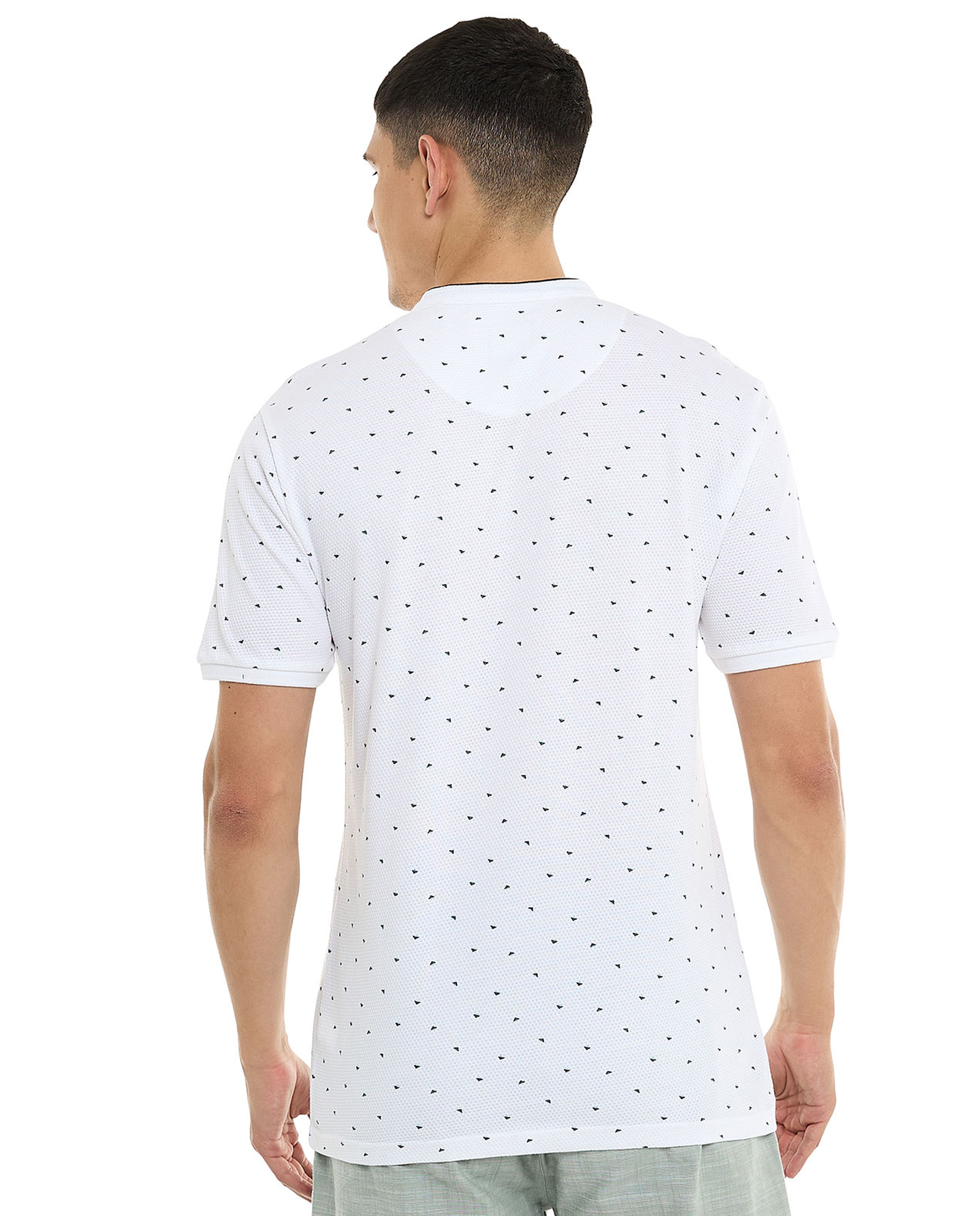Patterned T-Shirt with Mandarin Collar and Short Sleeves