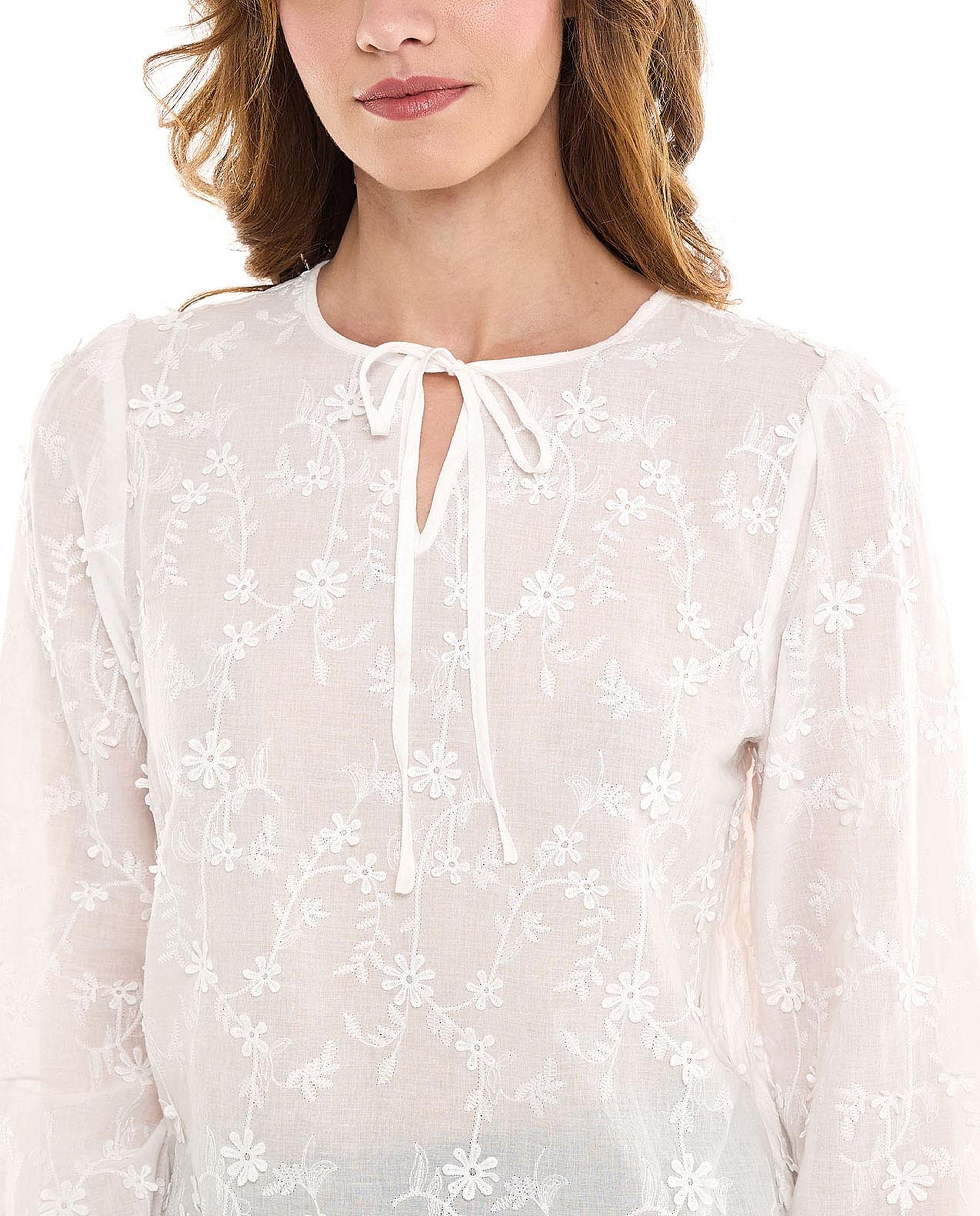 Embroidered Top with Tie-Up Neck and Long Sleeves