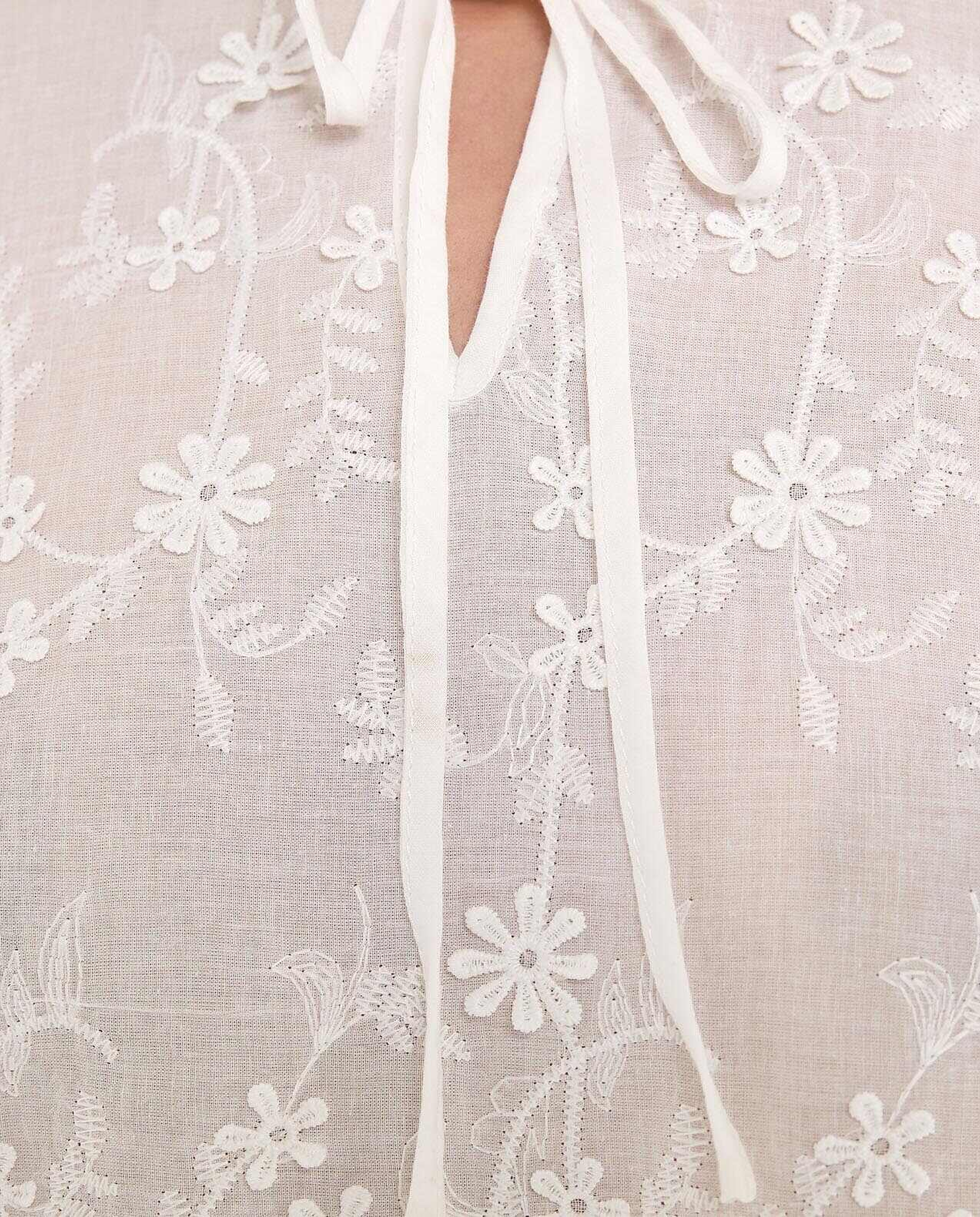 Embroidered Top with Tie-Up Neck and Long Sleeves