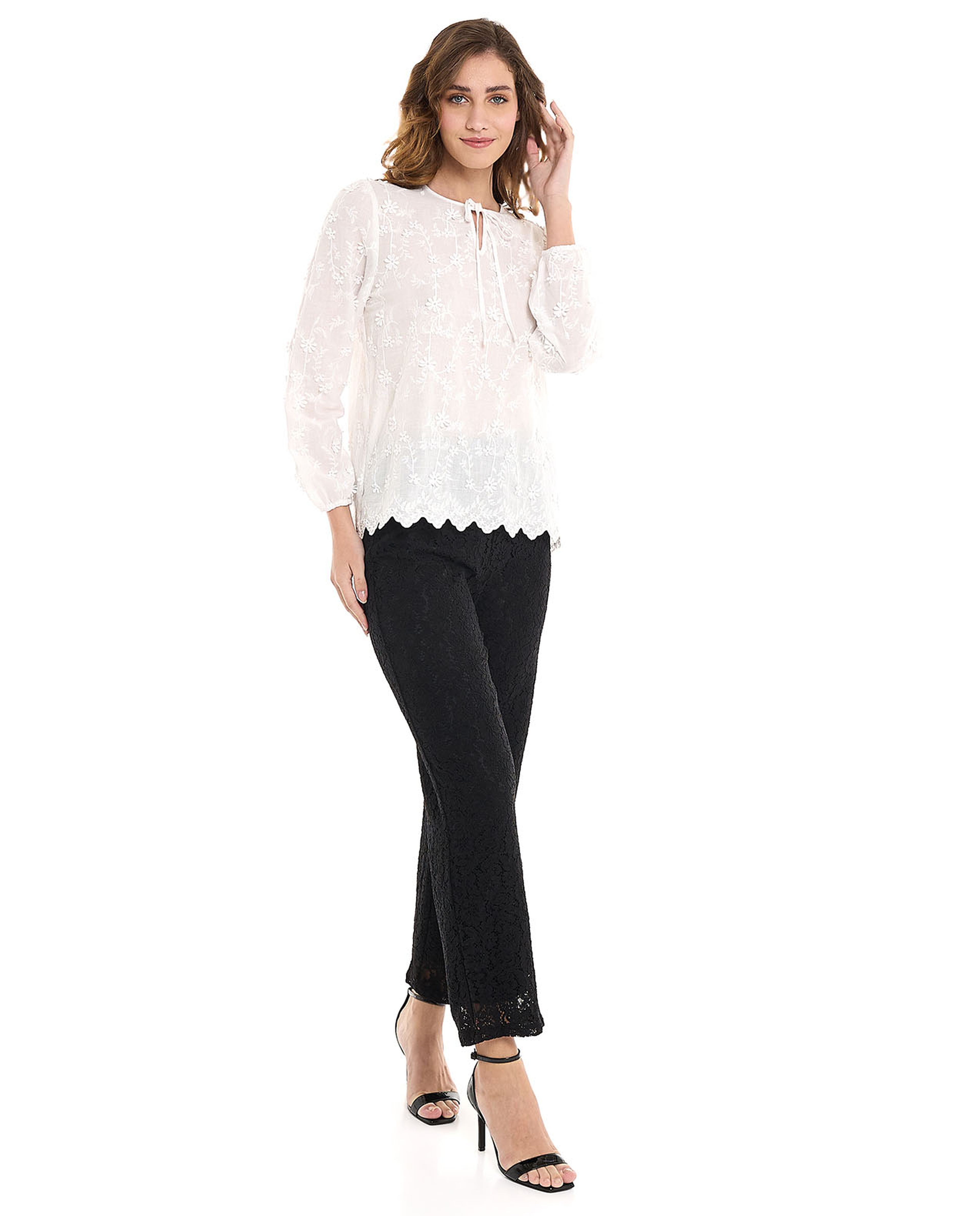 Embroidered Top with Tie-Up Neck and Long Sleeves