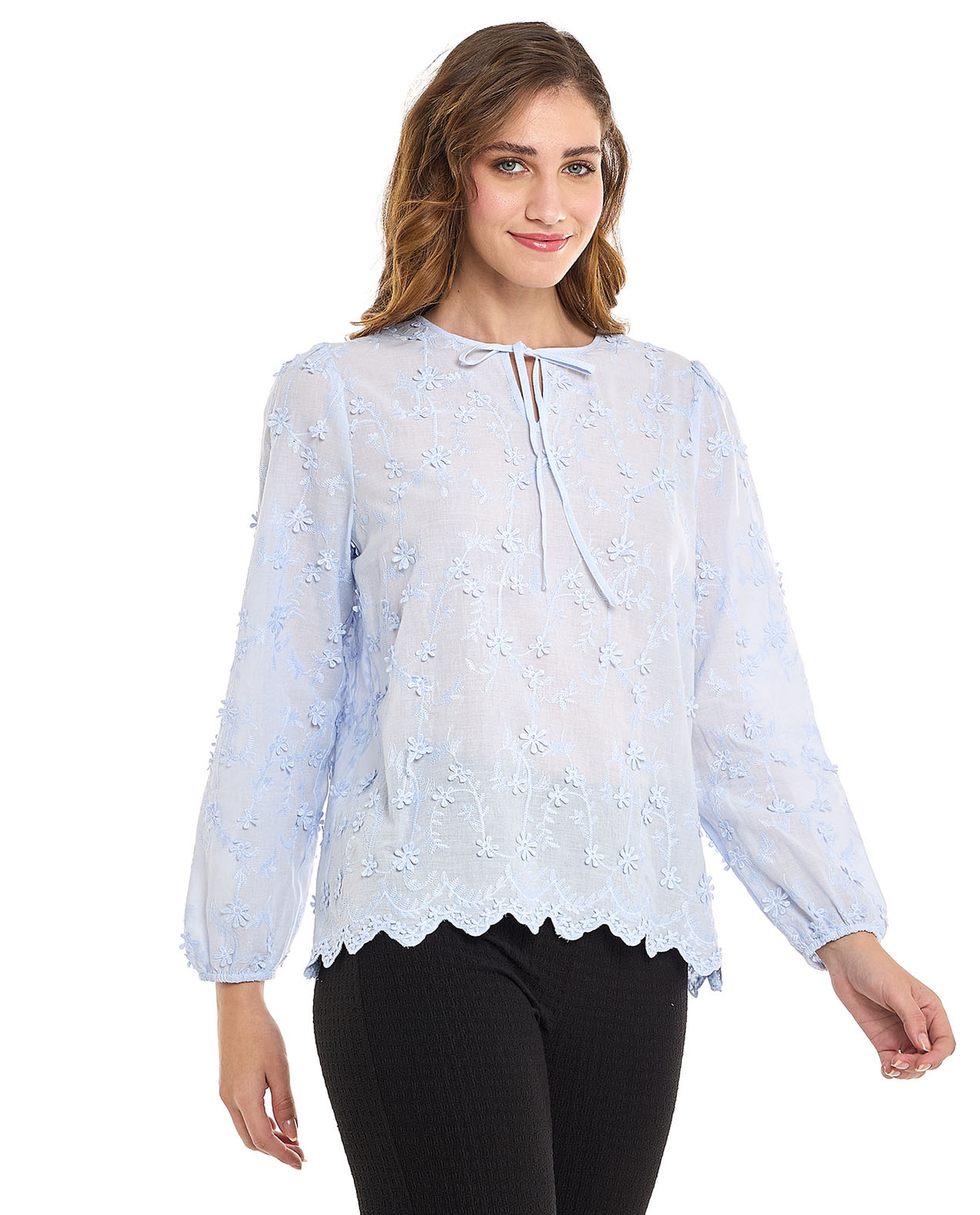 Embroidered Top with Tie-Up Neck and Long Sleeves