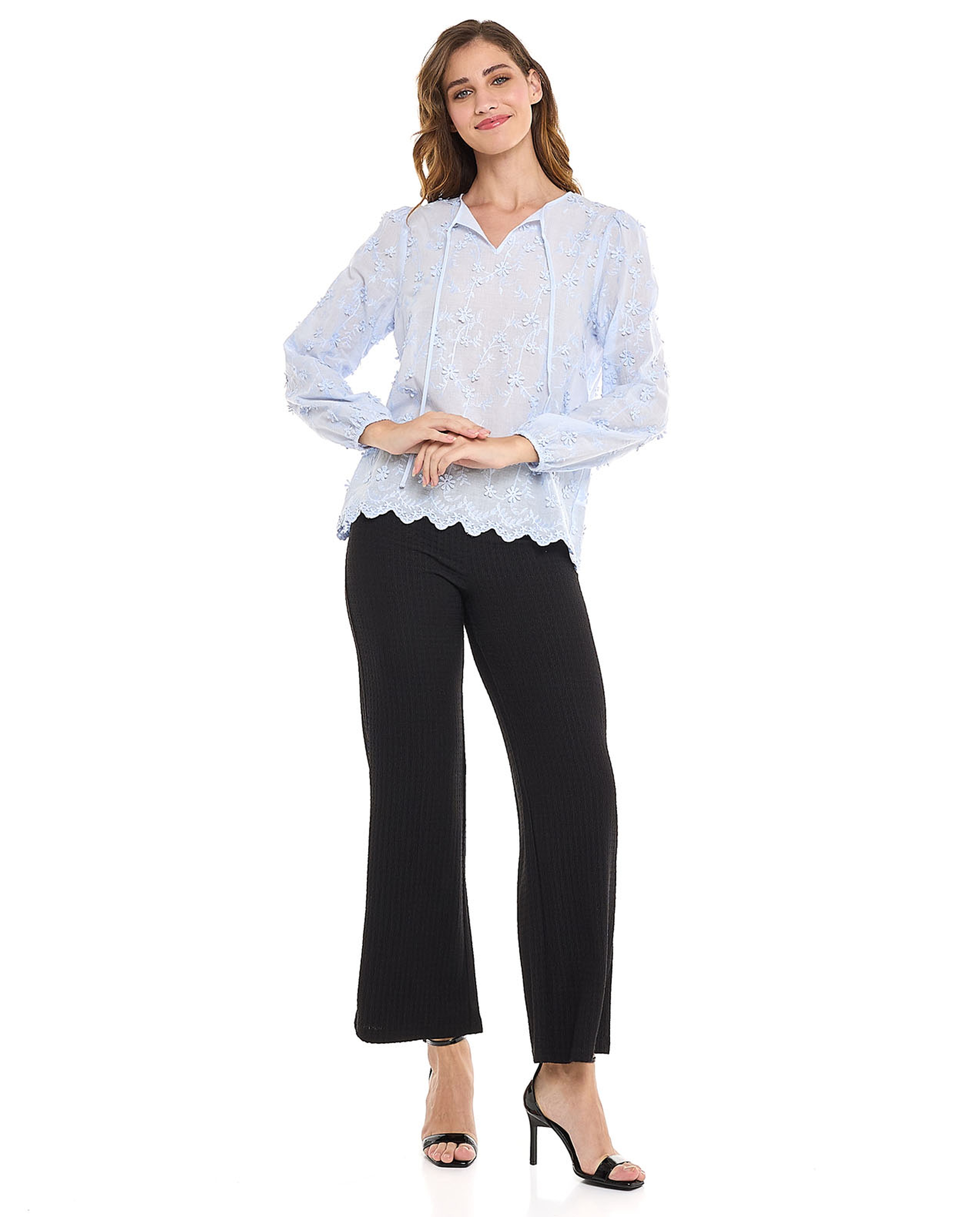 Embroidered Top with Tie-Up Neck and Long Sleeves