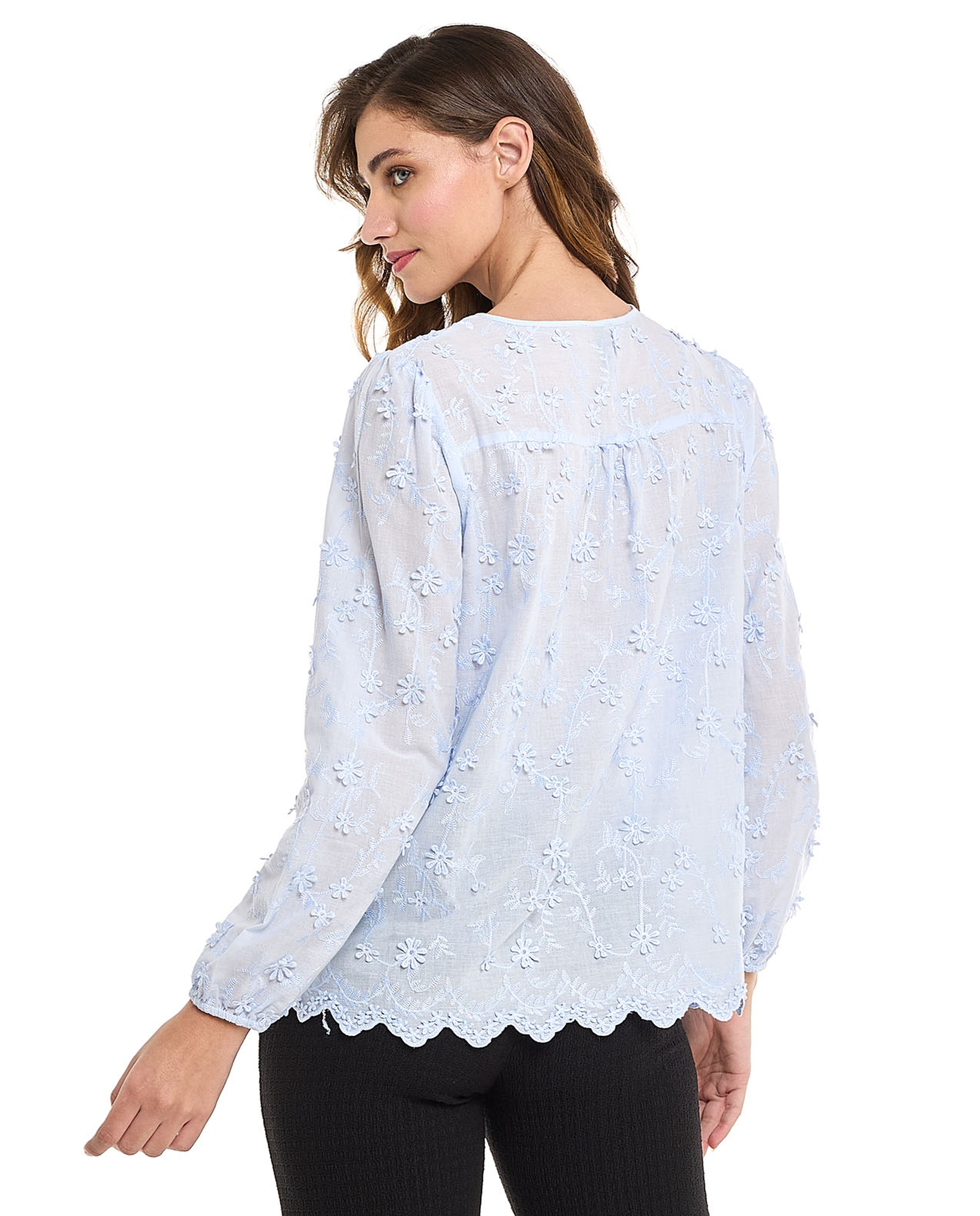 Embroidered Top with Tie-Up Neck and Long Sleeves