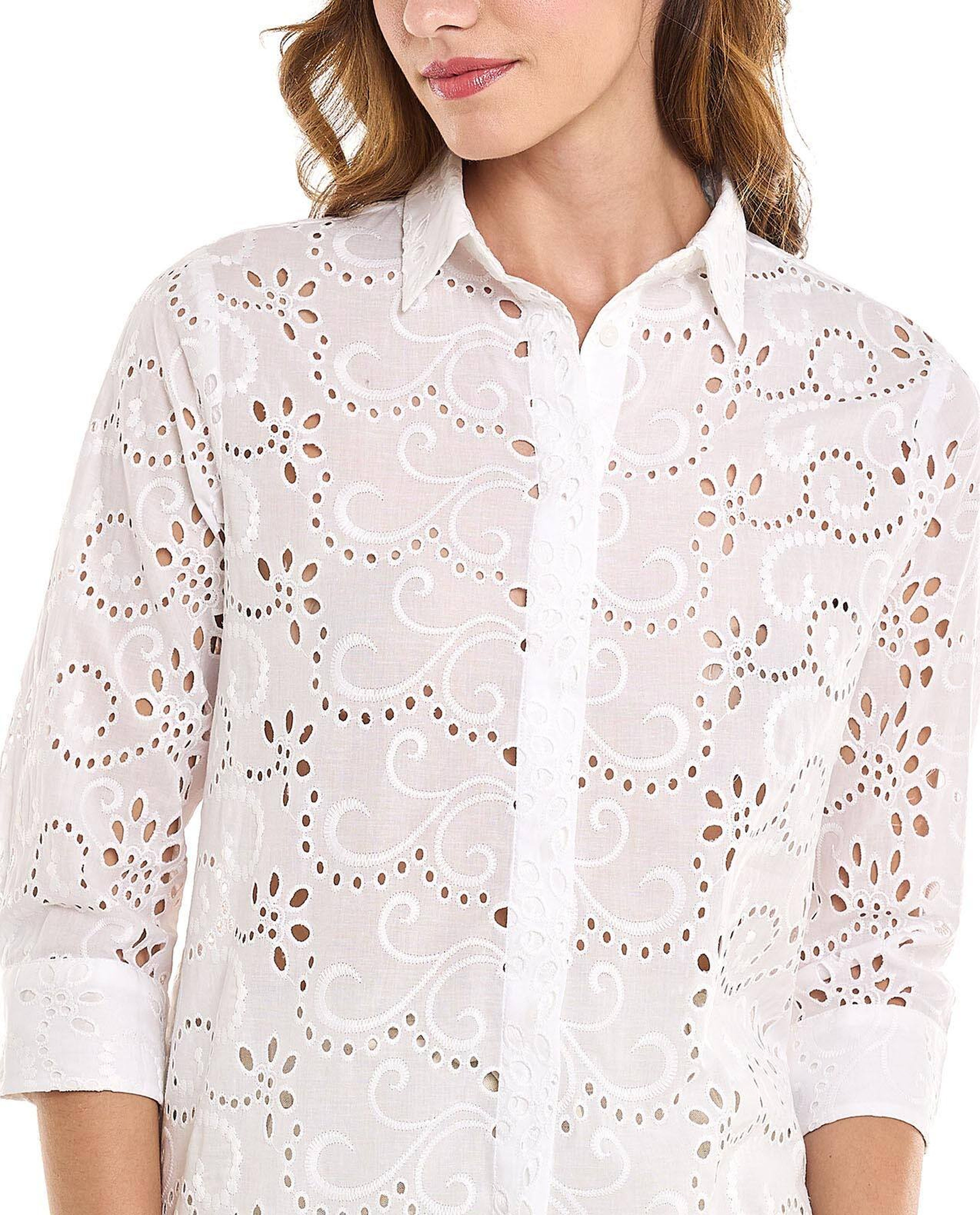 Openwork Shirt with Classic Collar and 3/4 Sleeves