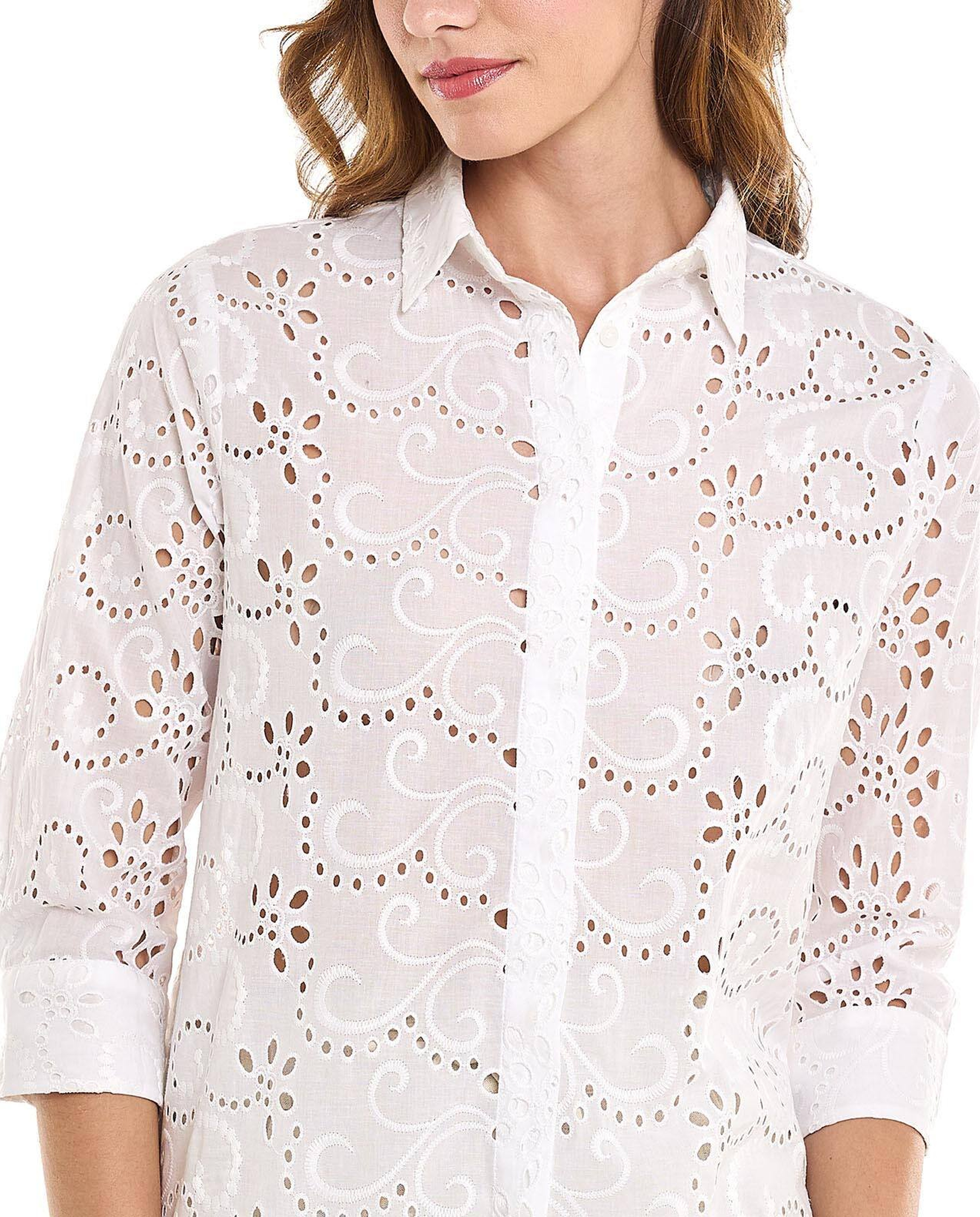 Openwork Shirt with Classic Collar and 3/4 Sleeves