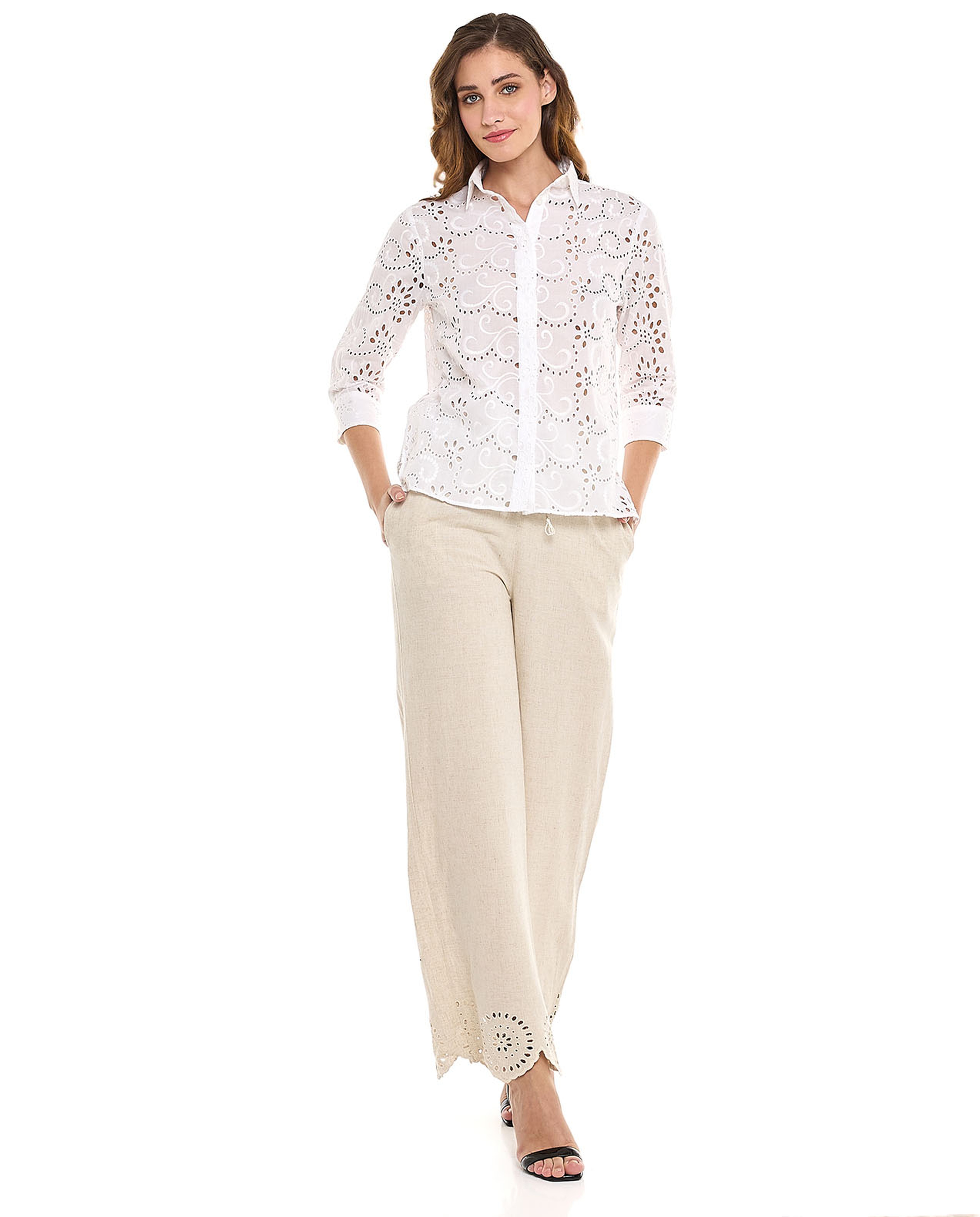 Openwork Shirt with Classic Collar and 3/4 Sleeves