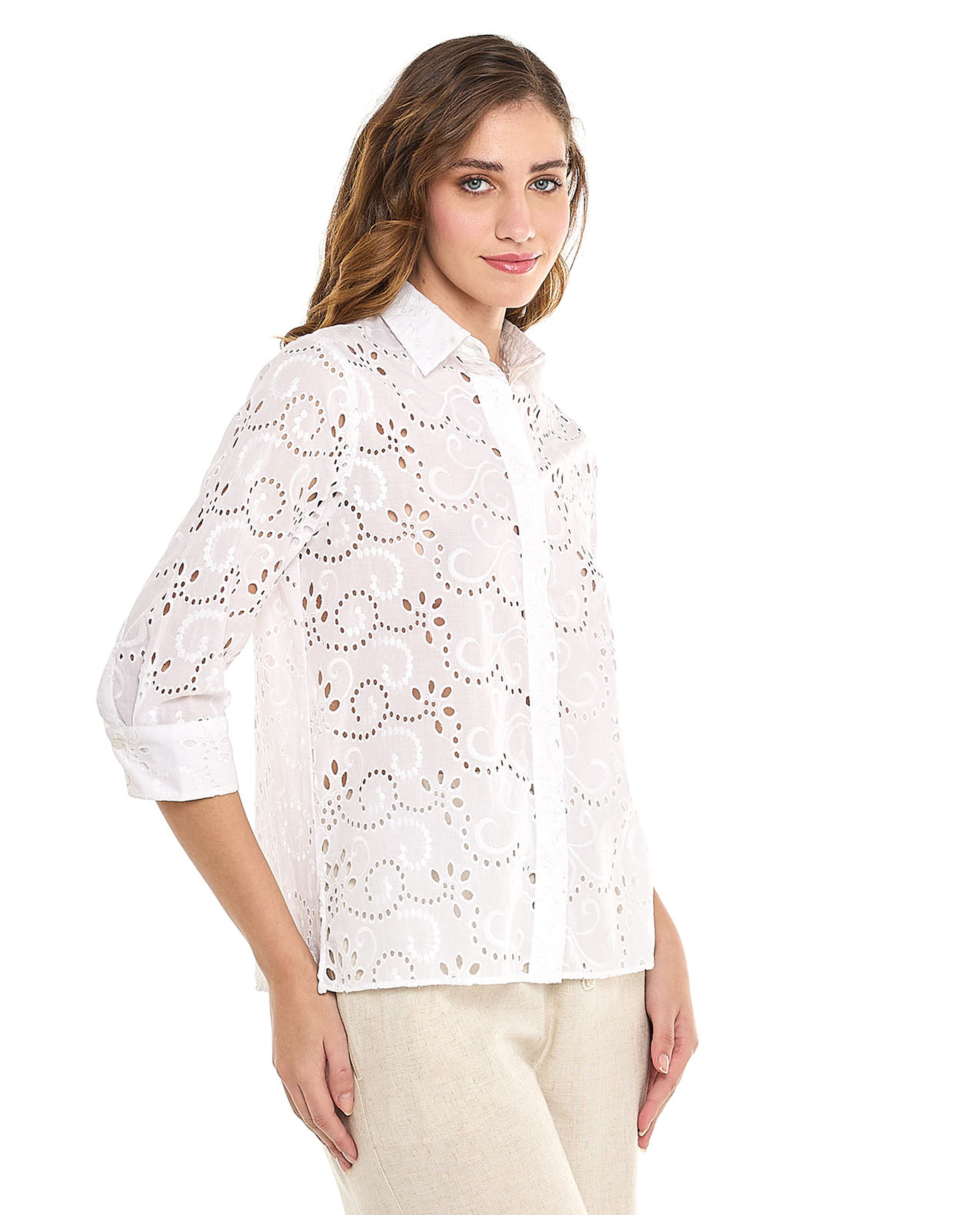 Openwork Shirt with Classic Collar and 3/4 Sleeves