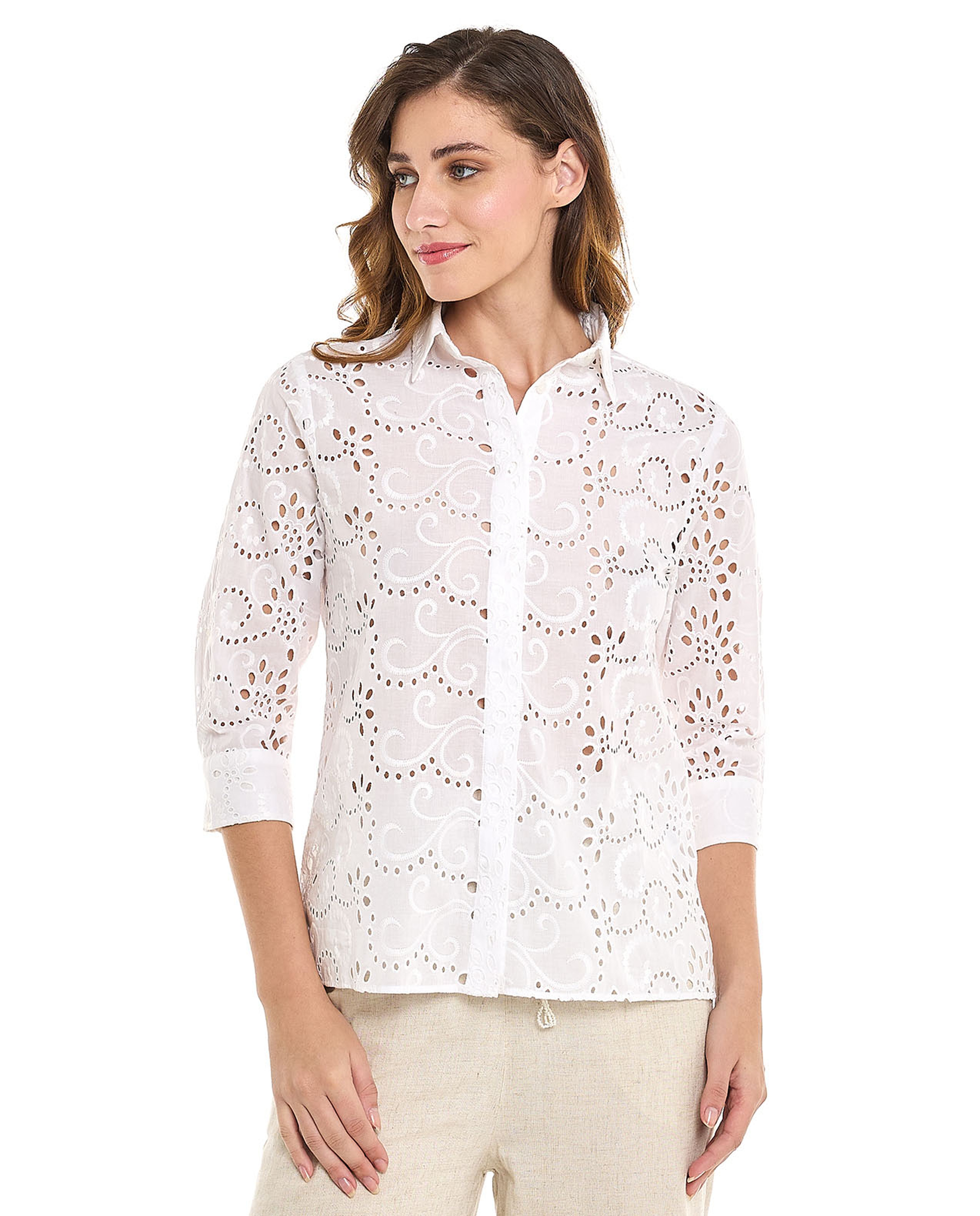 Openwork Shirt with Classic Collar and 3/4 Sleeves