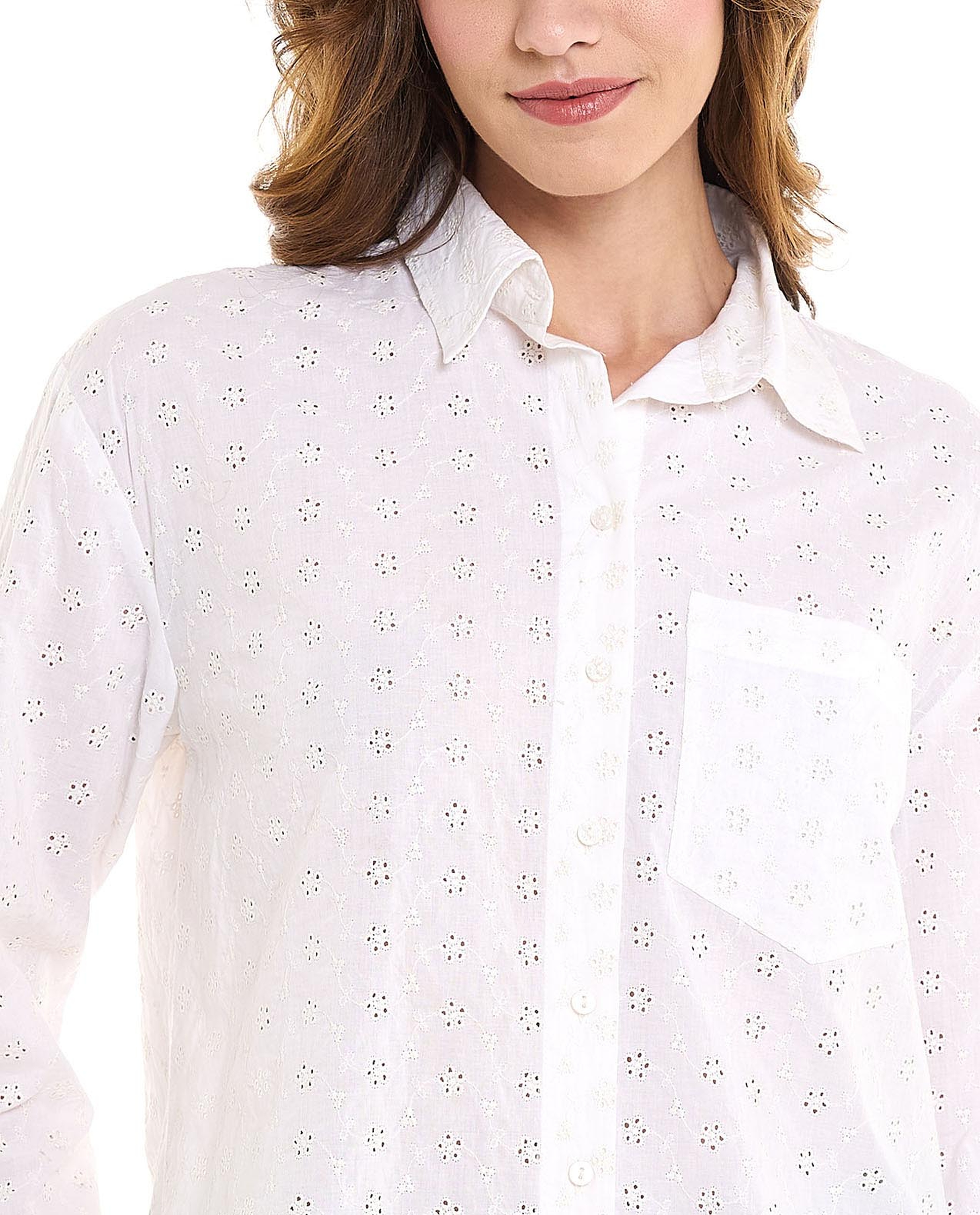 Schiffli Shirt with Classic Collar and Long Sleeves
