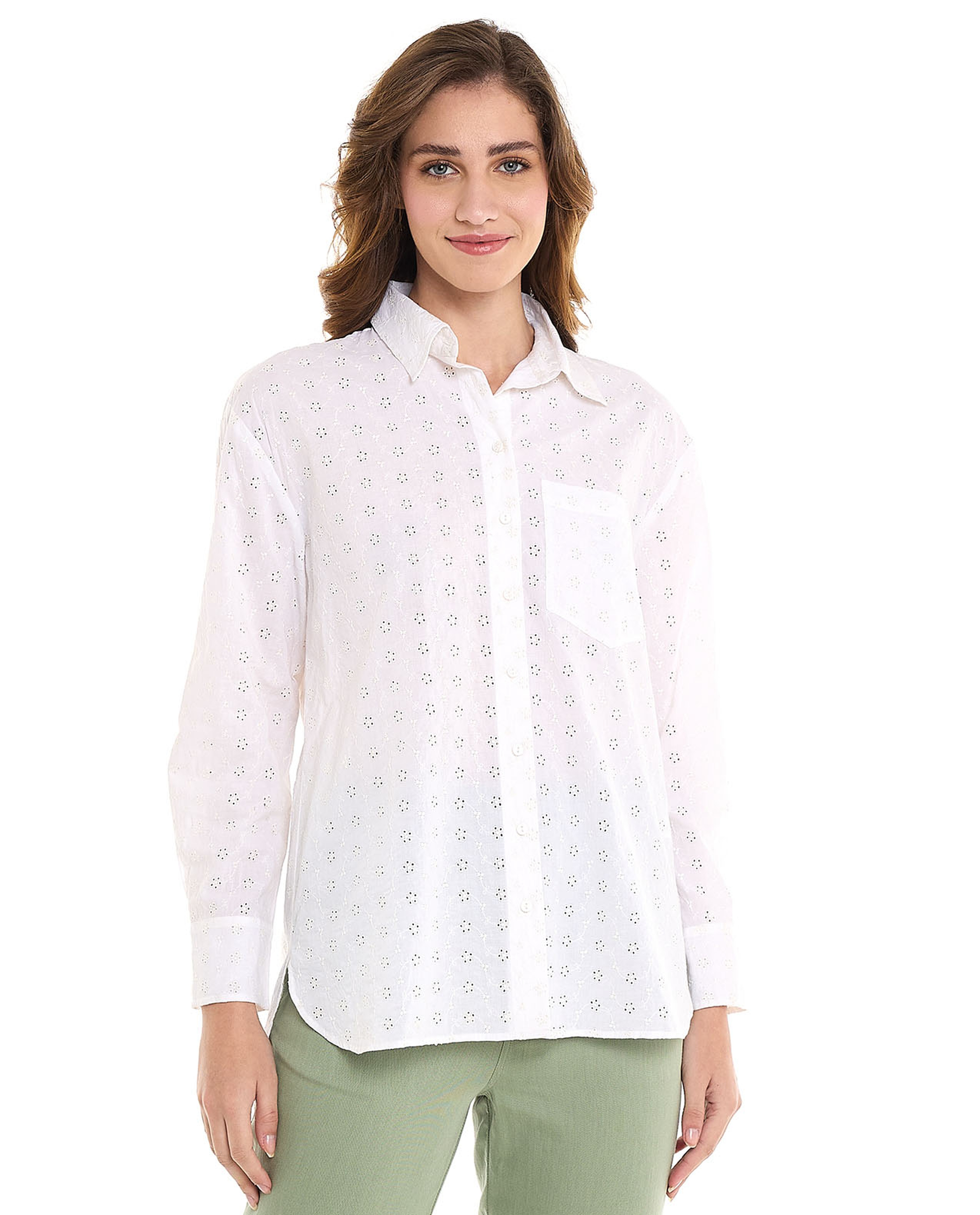 Schiffli Shirt with Classic Collar and Long Sleeves