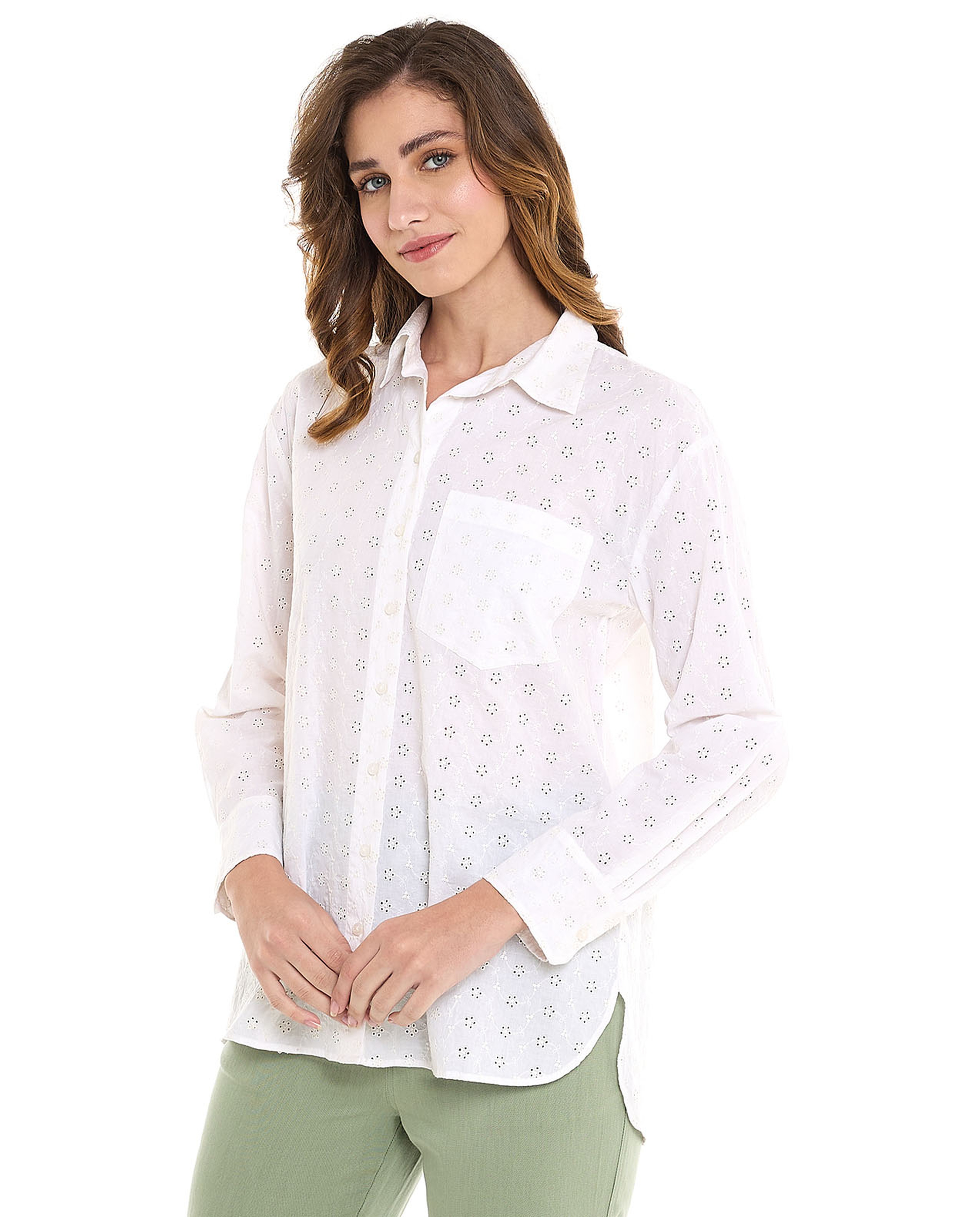 Schiffli Shirt with Classic Collar and Long Sleeves