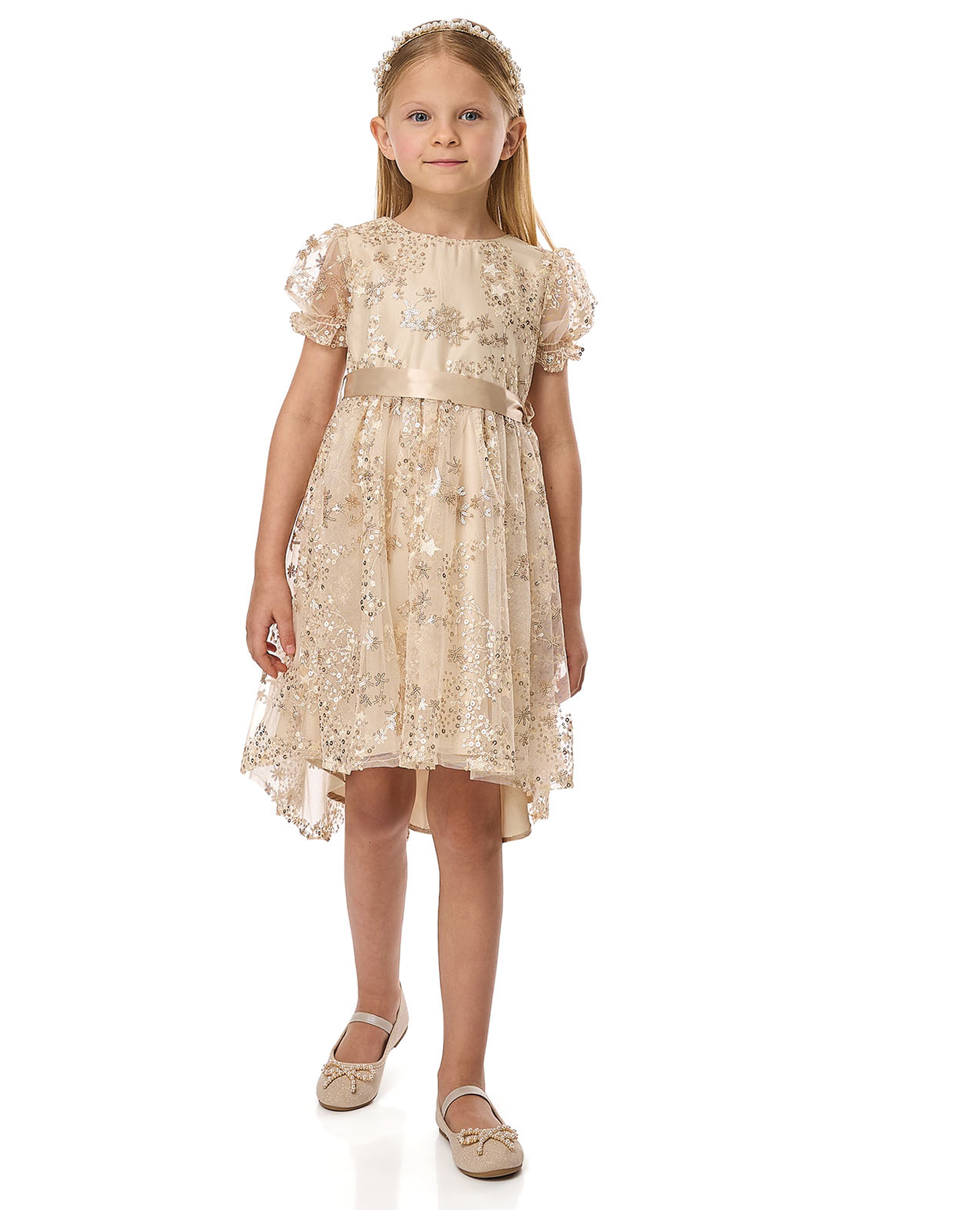 فستان بأكمام باف ورقبة مستديرة