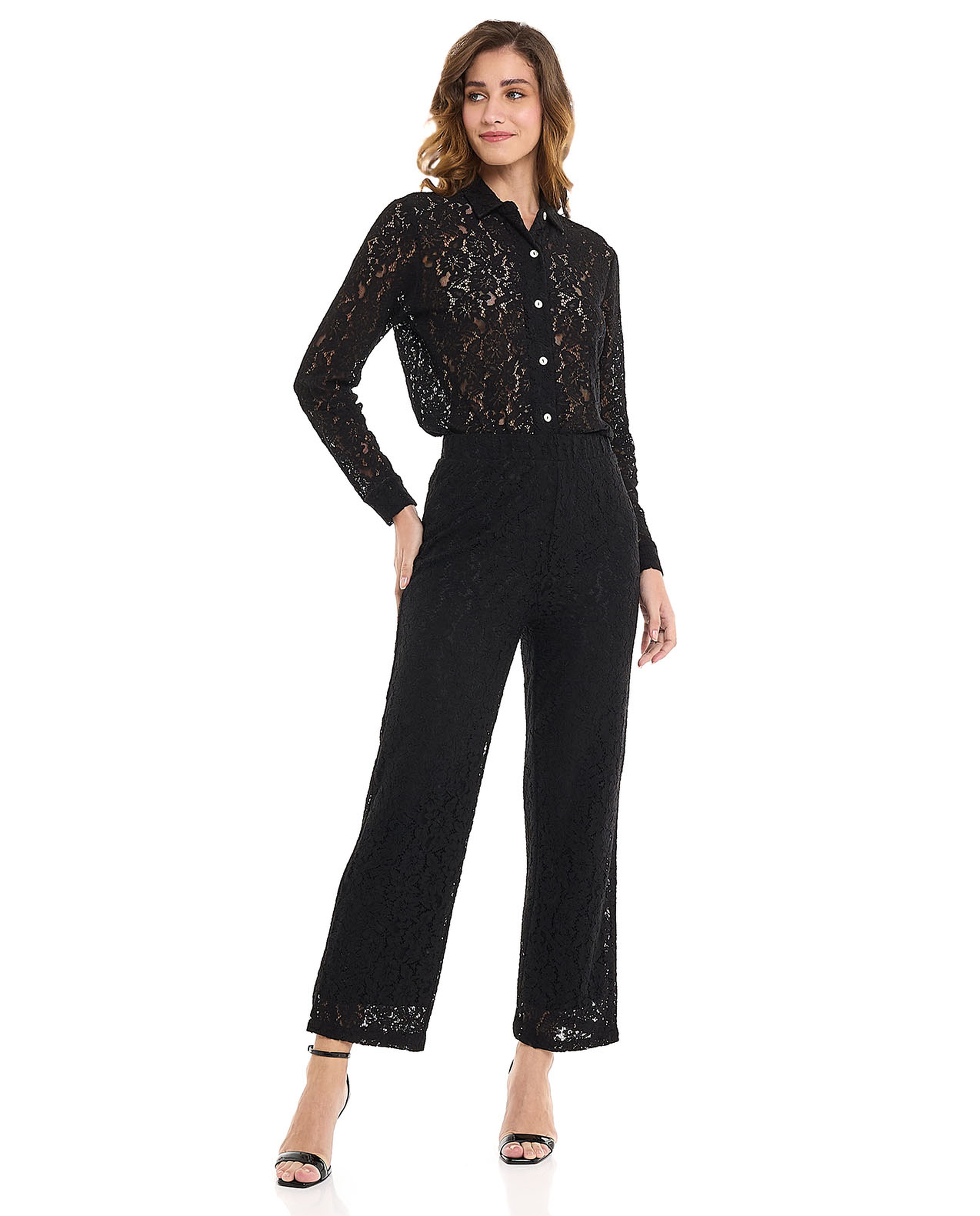 Laced Shirt With Spread Collar And Long Sleeves