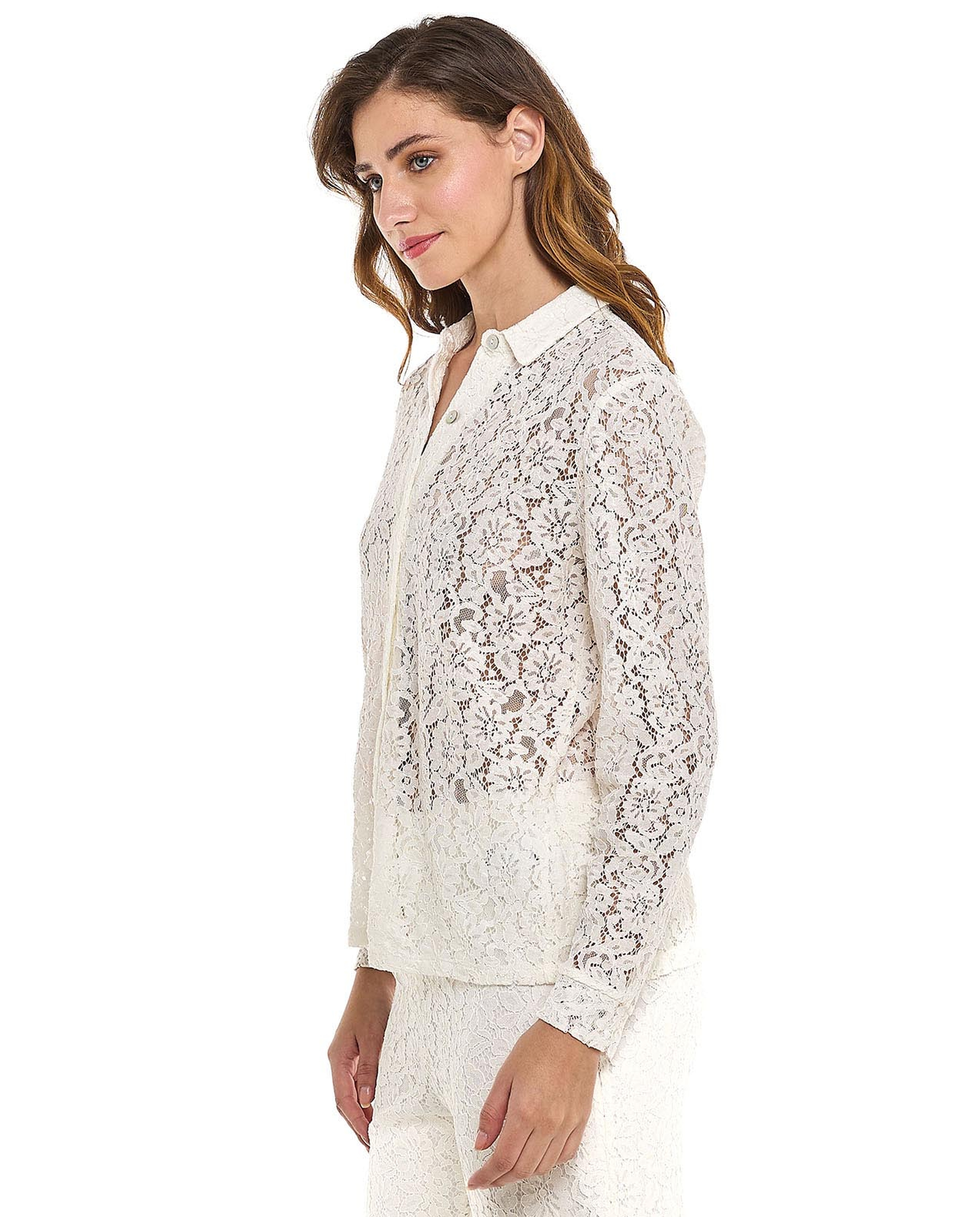 Openwork Shirt with Spread Collar and Long Sleeves