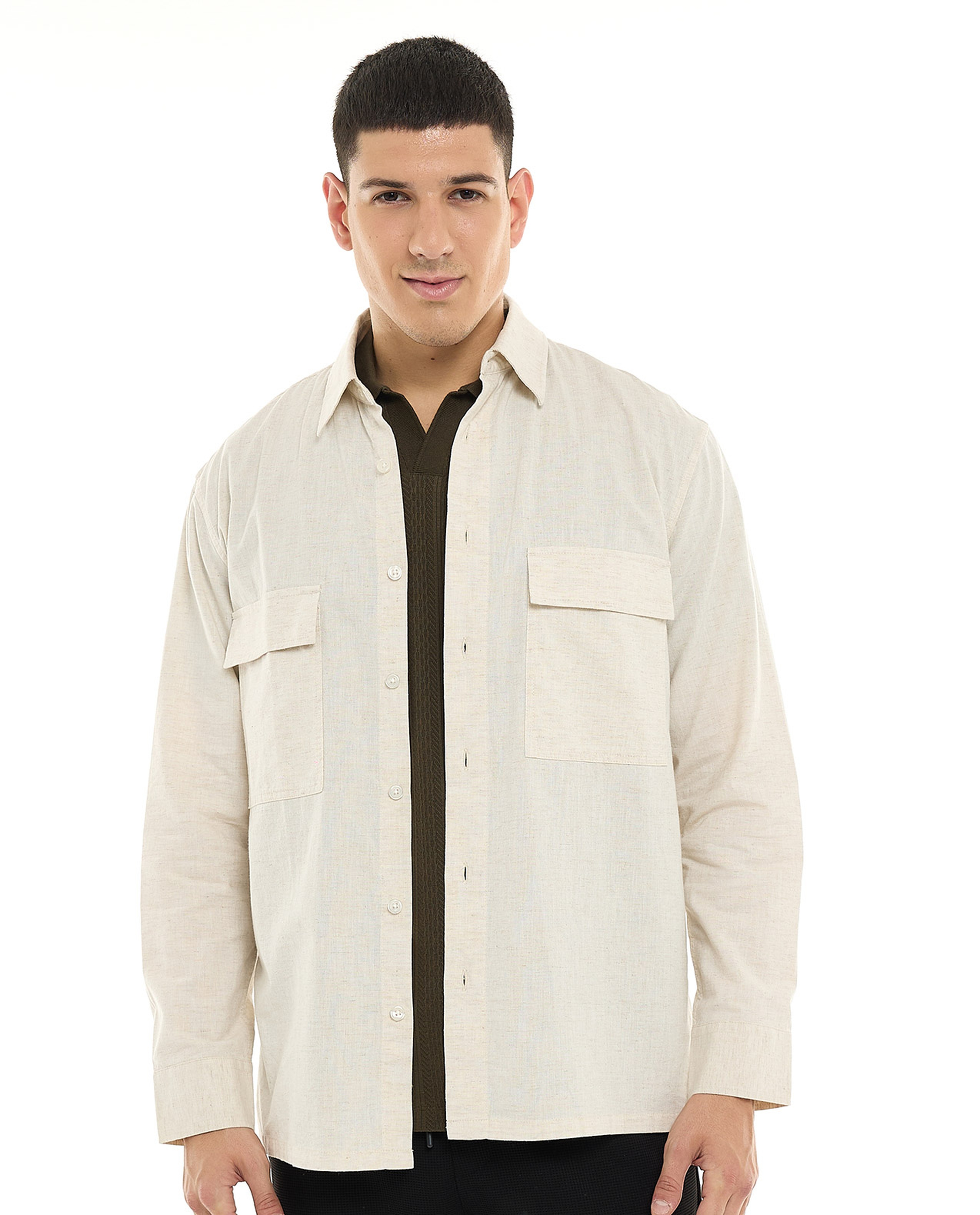 Solid Shirt with Classic Collar and Long Sleeves