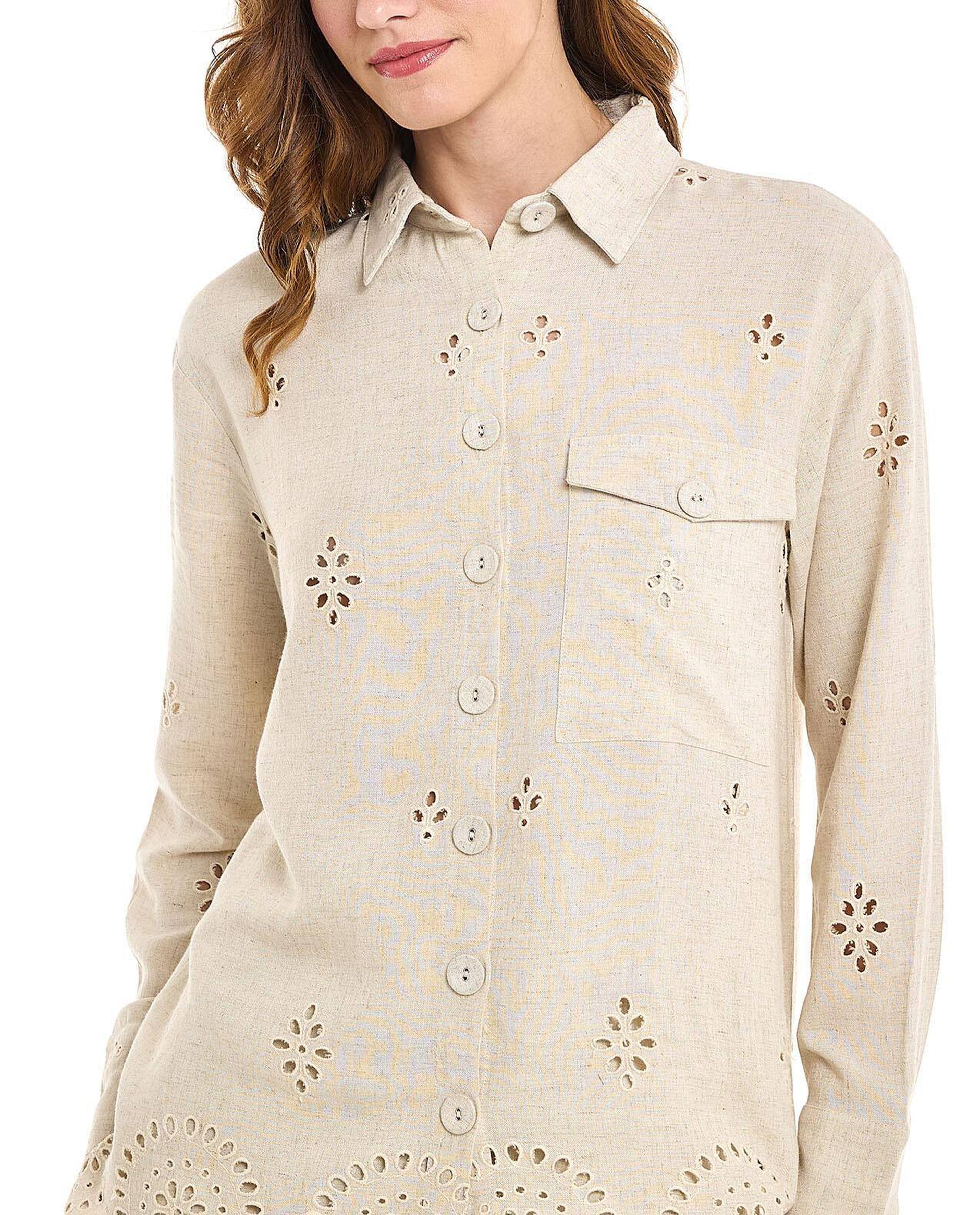 Openwork Shirt with Classic Collar and Long Sleeves