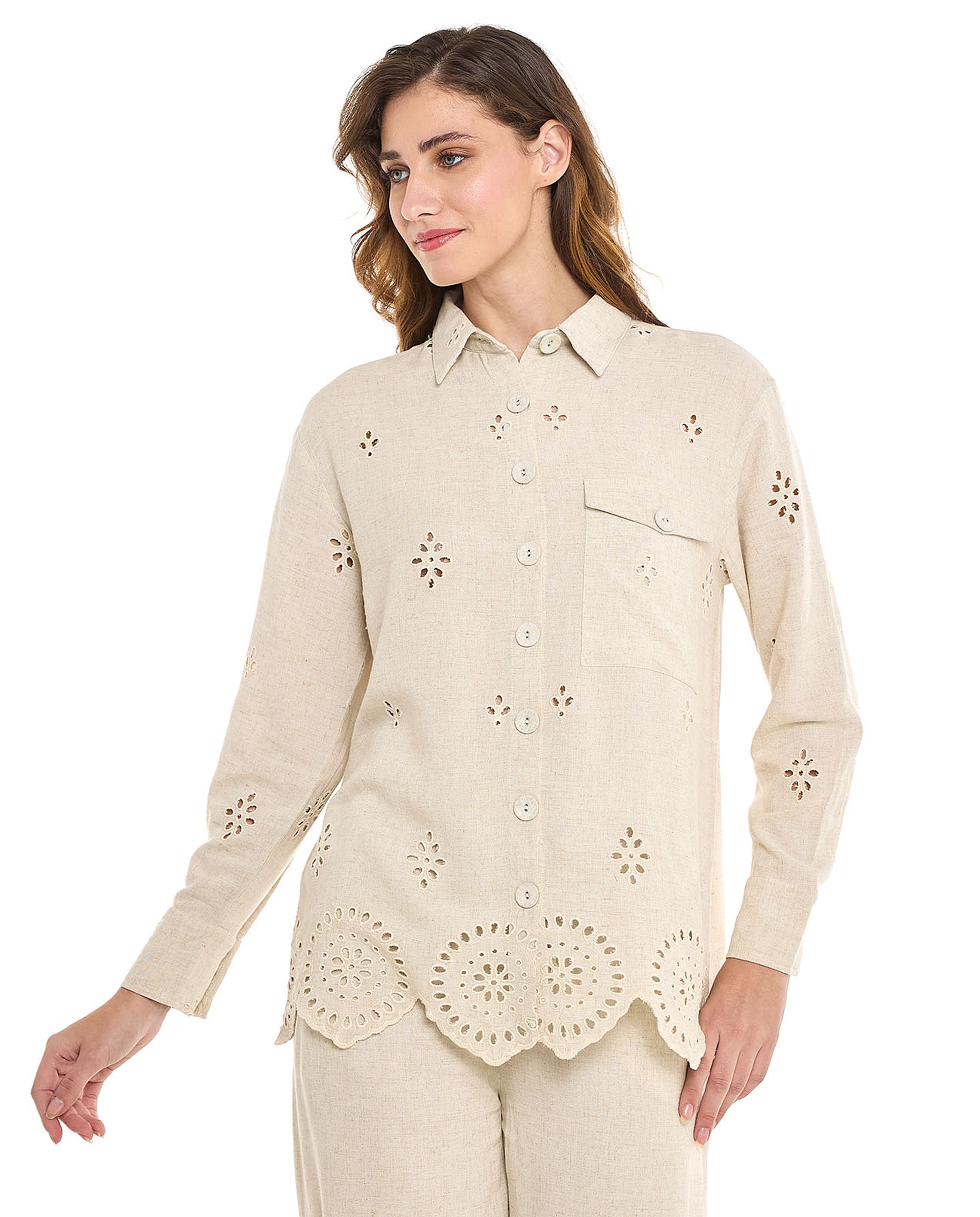 Openwork Shirt with Classic Collar and Long Sleeves