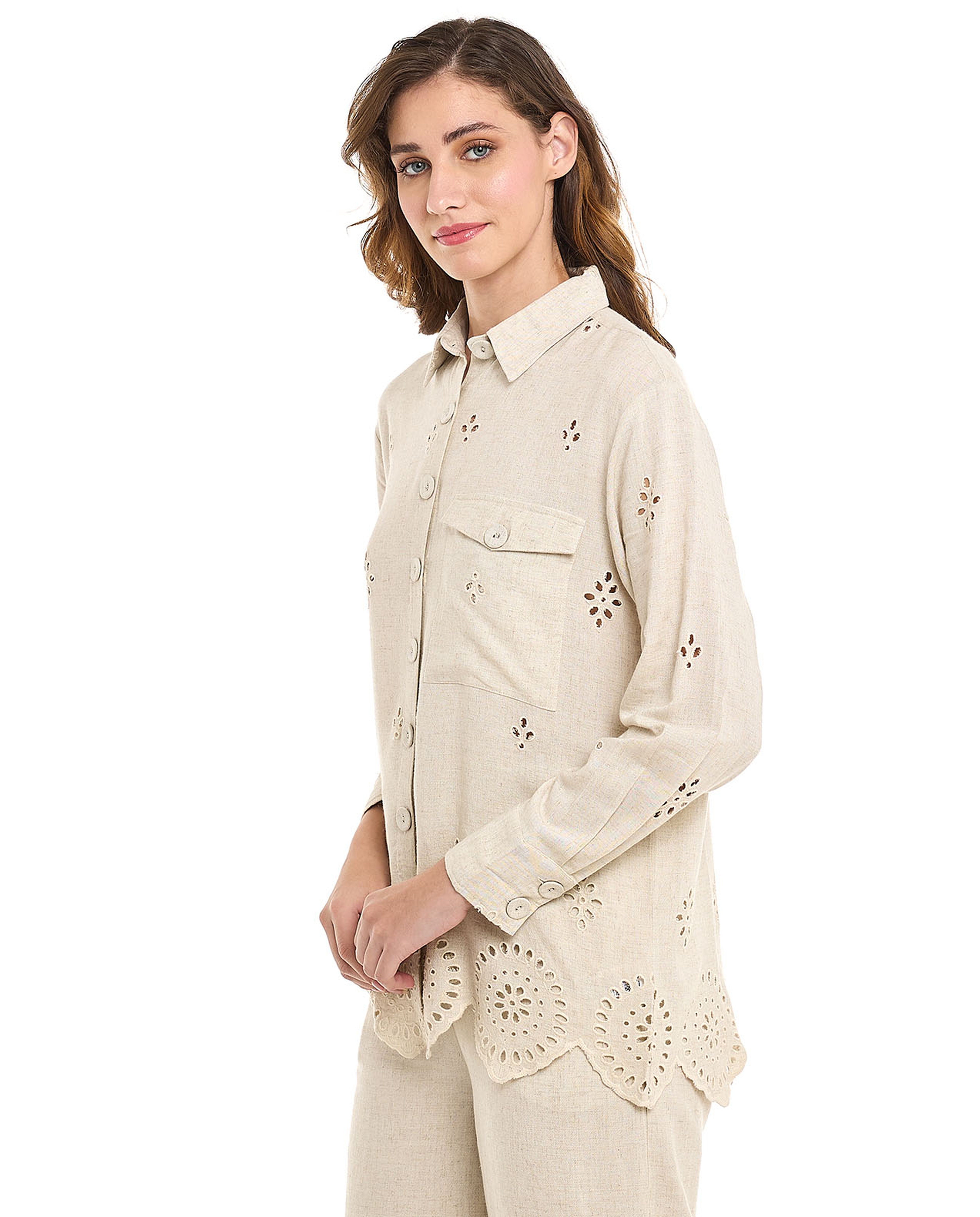 Openwork Shirt with Classic Collar and Long Sleeves