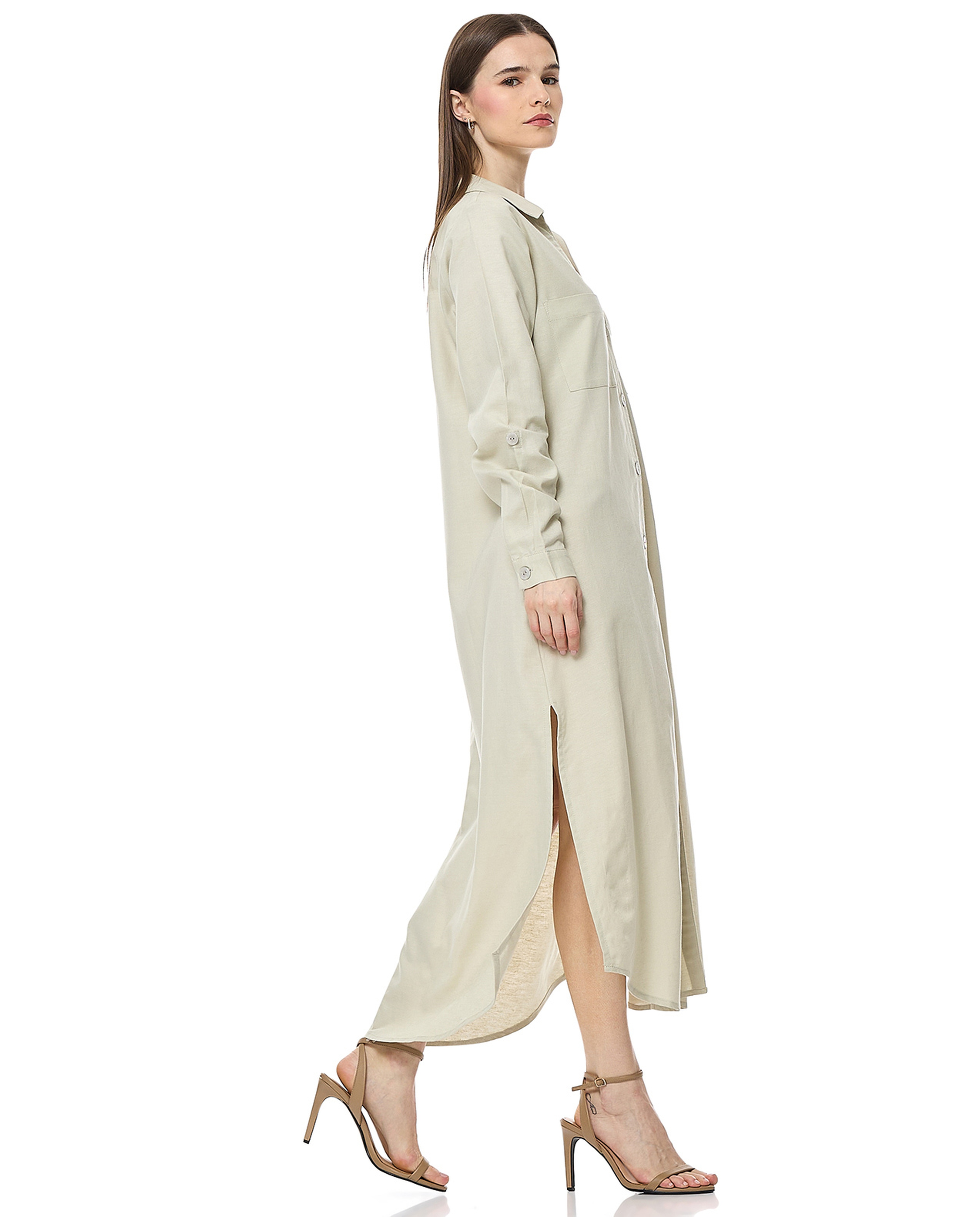 Solid Shirt Dress With Classic Collar And Long Sleeves