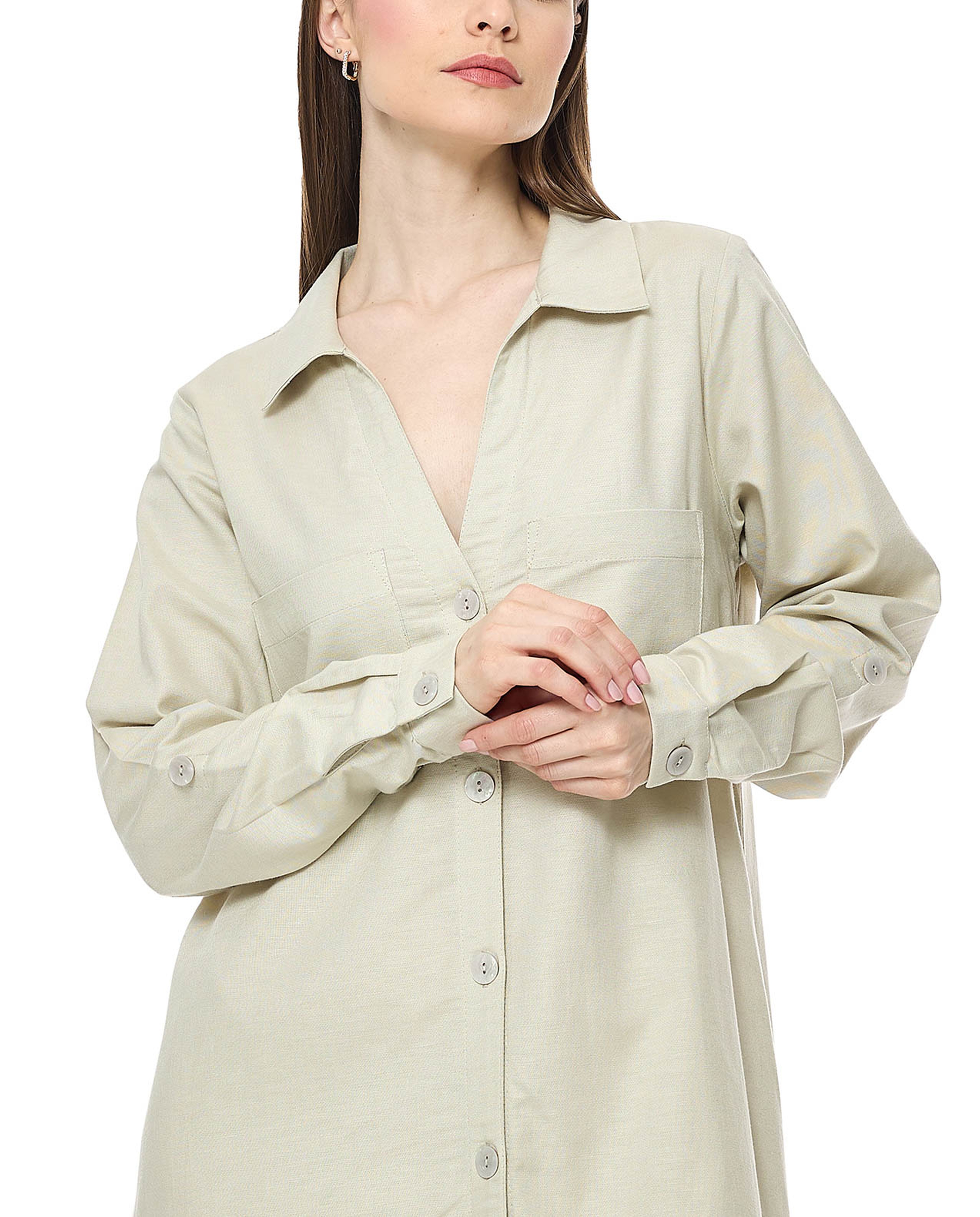 Solid Shirt Dress With Classic Collar And Long Sleeves