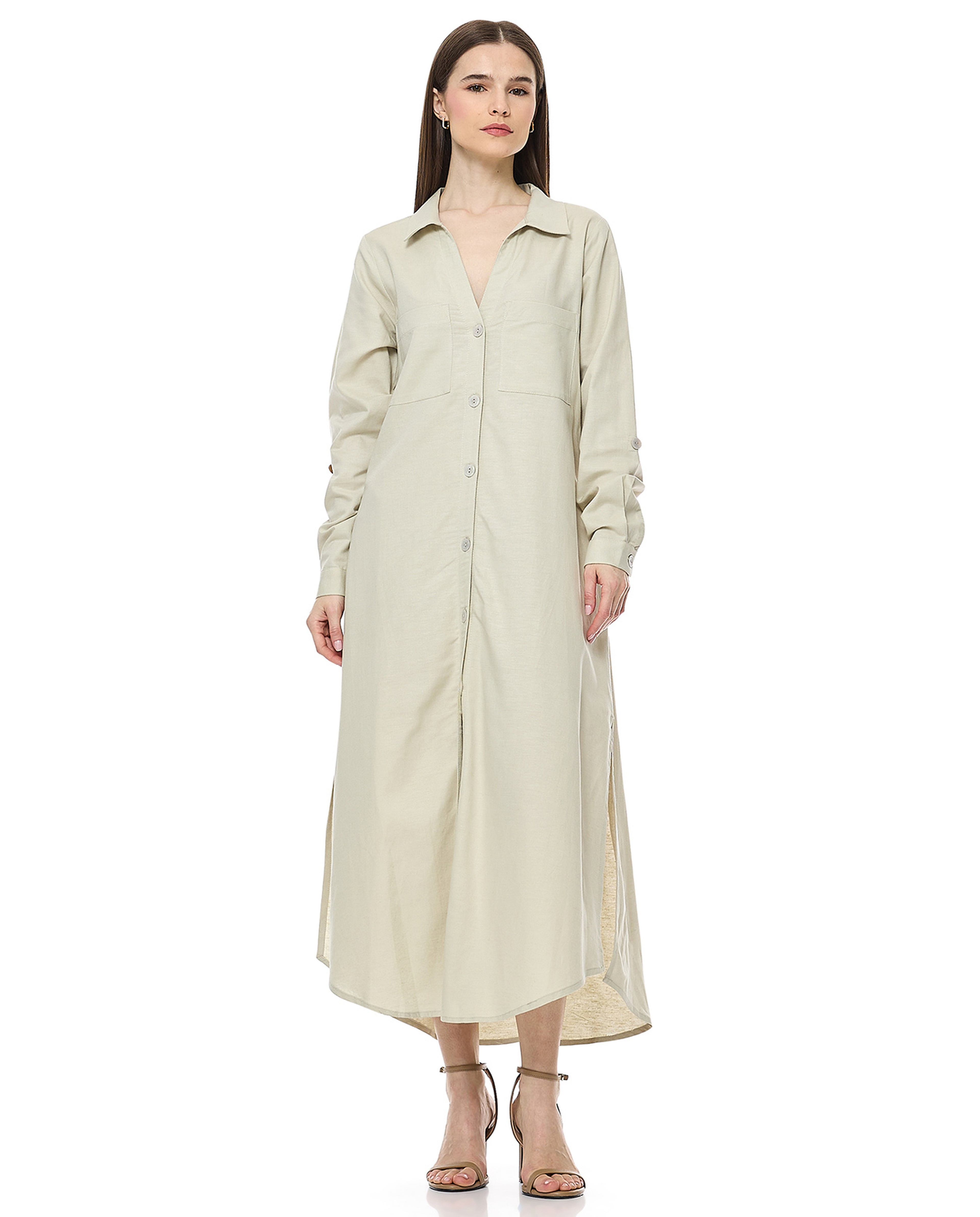 Solid Shirt Dress With Classic Collar And Long Sleeves