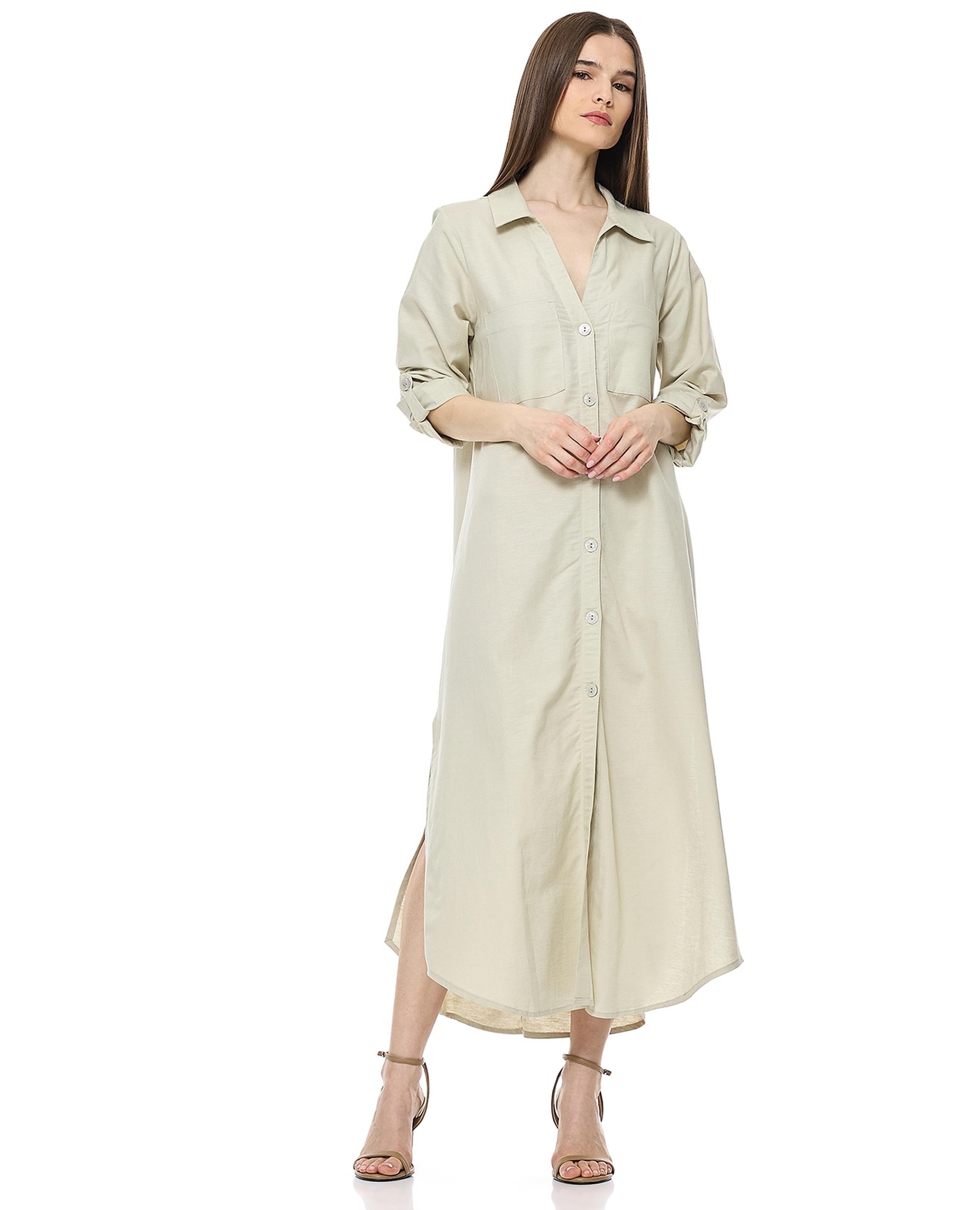 Solid Shirt Dress With Classic Collar And Long Sleeves
