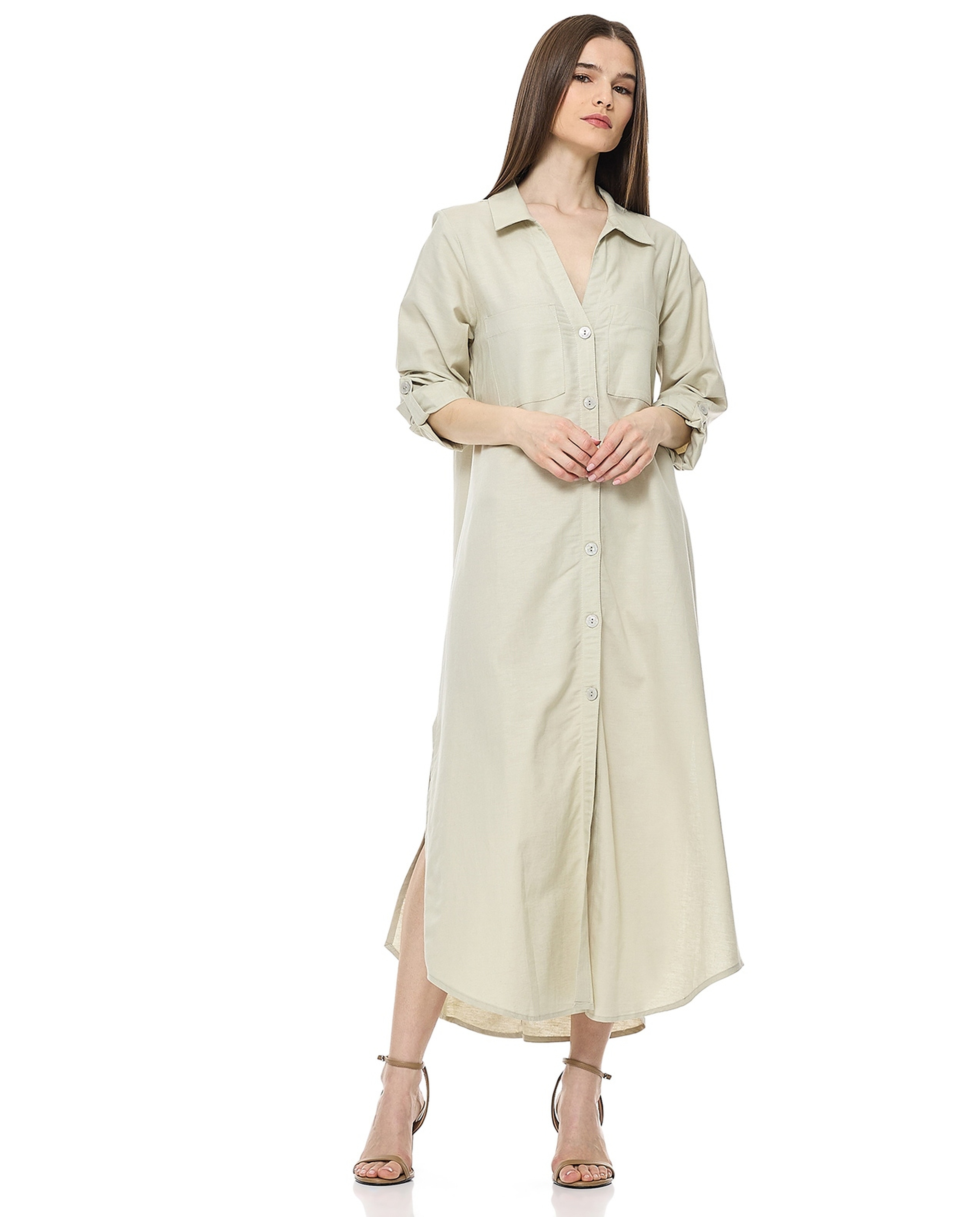 Solid Shirt Dress With Classic Collar And Long Sleeves