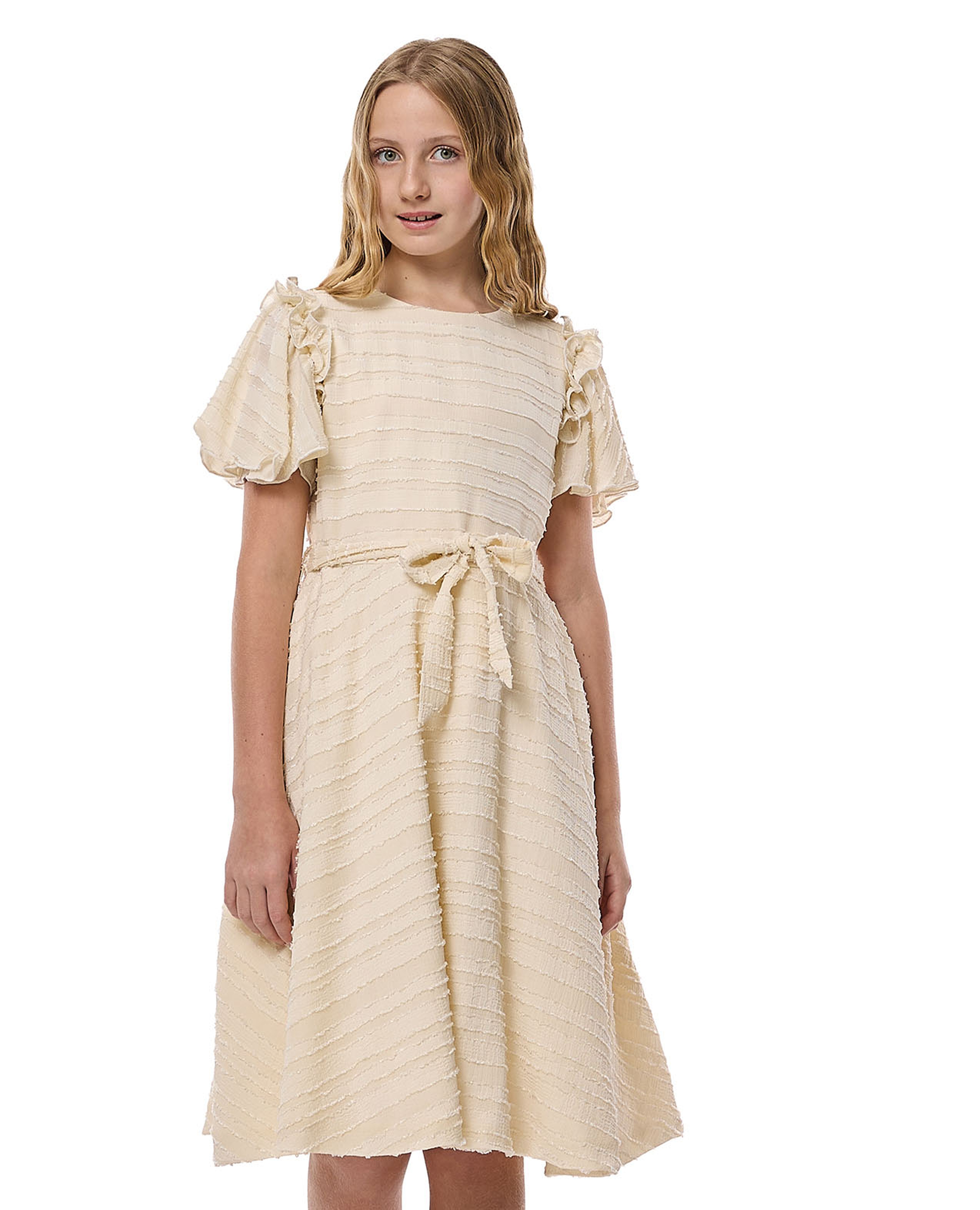 Woven Flared Dress With Crew Neck And Flared Sleeves