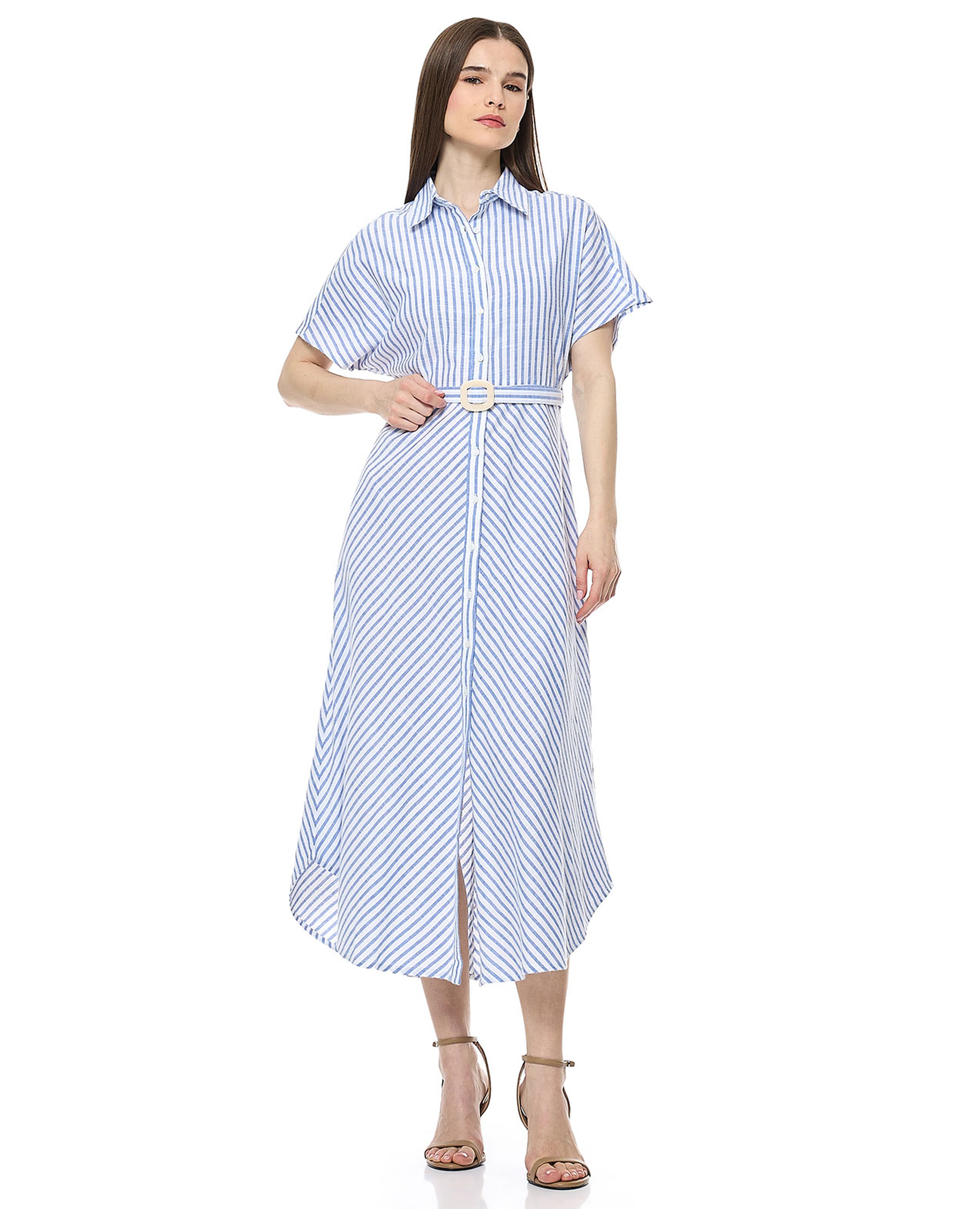 فستان قميص مخطط بأكمام قصيرة