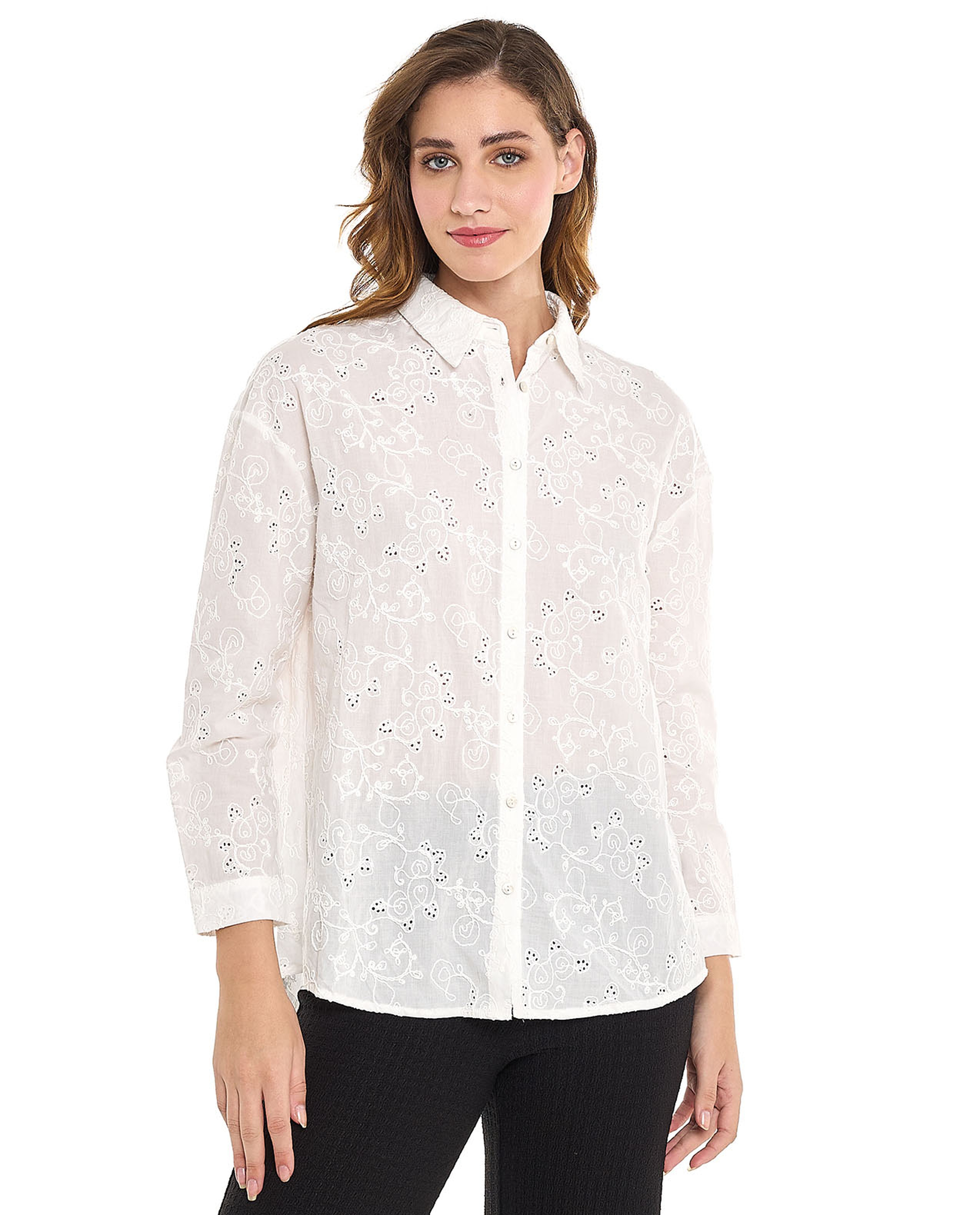 Schiffli Shirt with Classic Collar and Long Sleeves