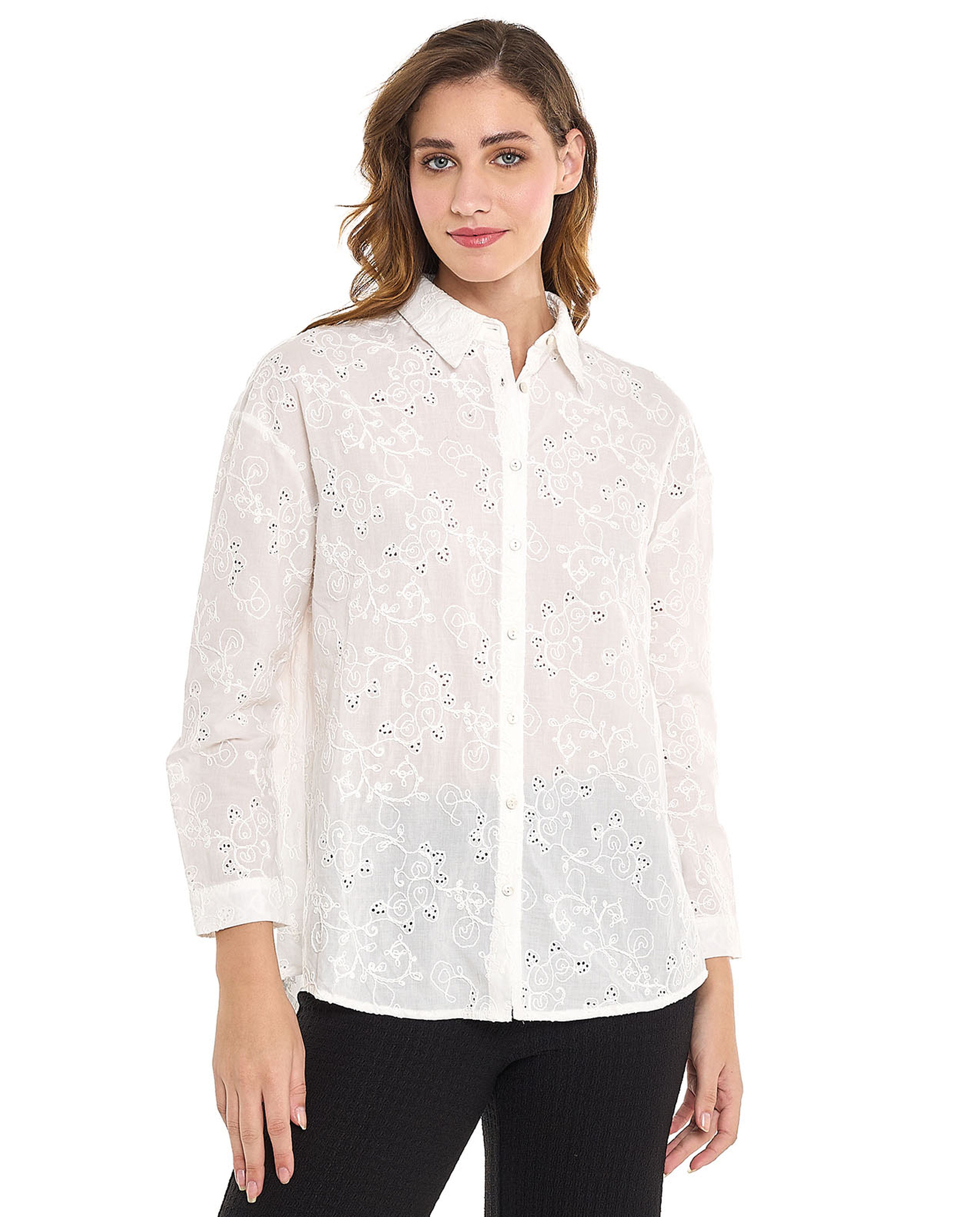 Schiffli Shirt with Classic Collar and Long Sleeves