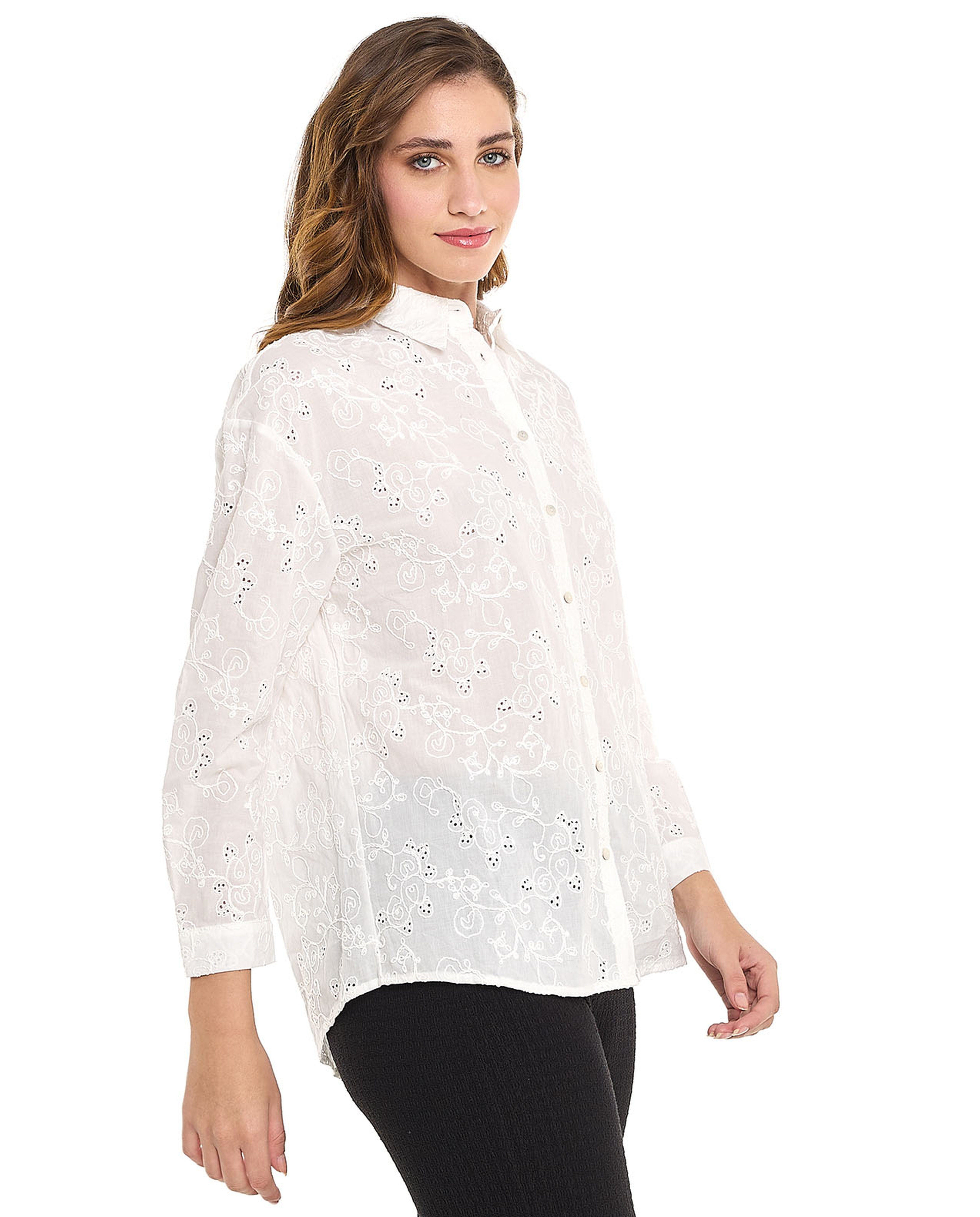 Schiffli Shirt with Classic Collar and Long Sleeves