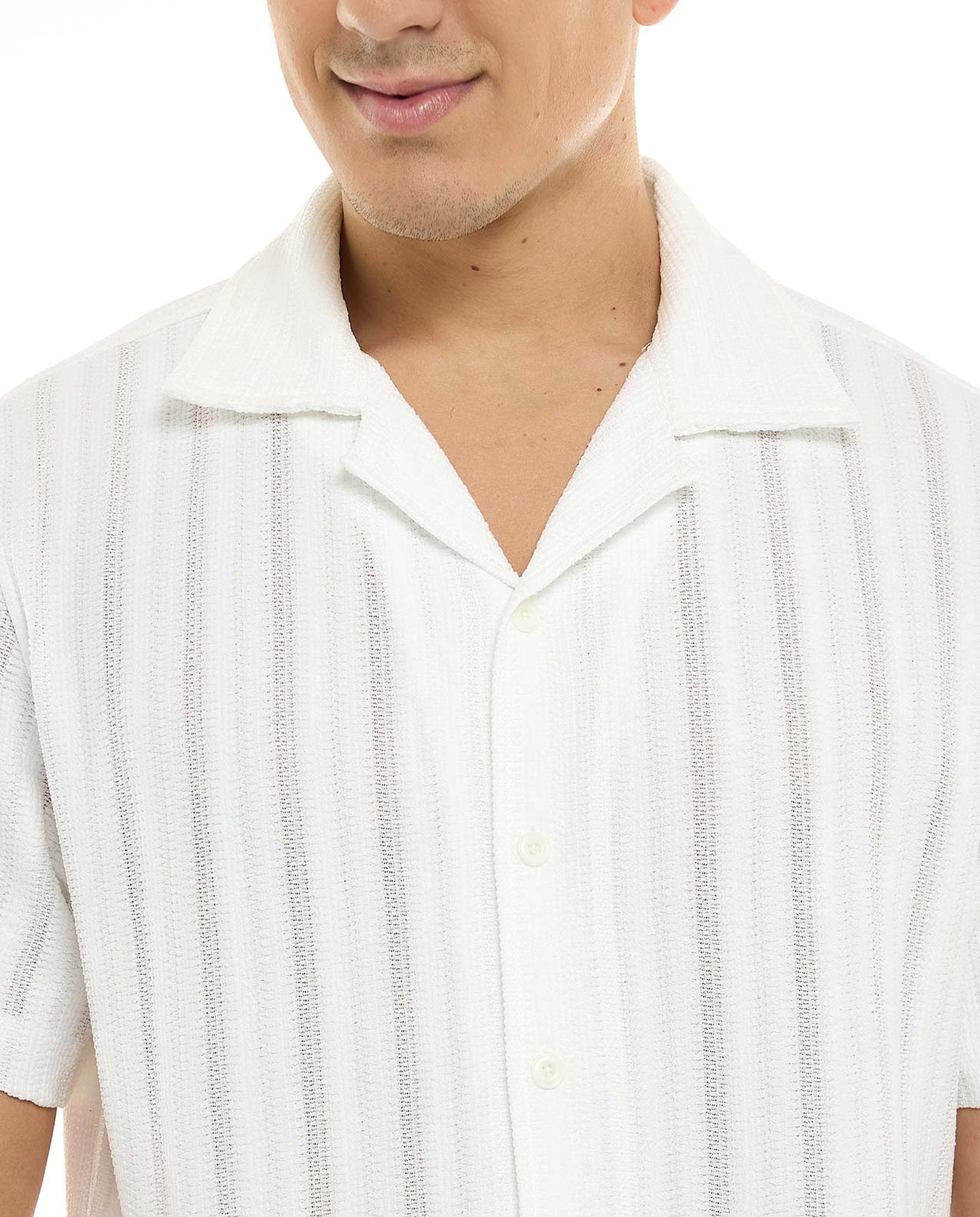 Striped Shirt with Revere Collar and Short Sleeves