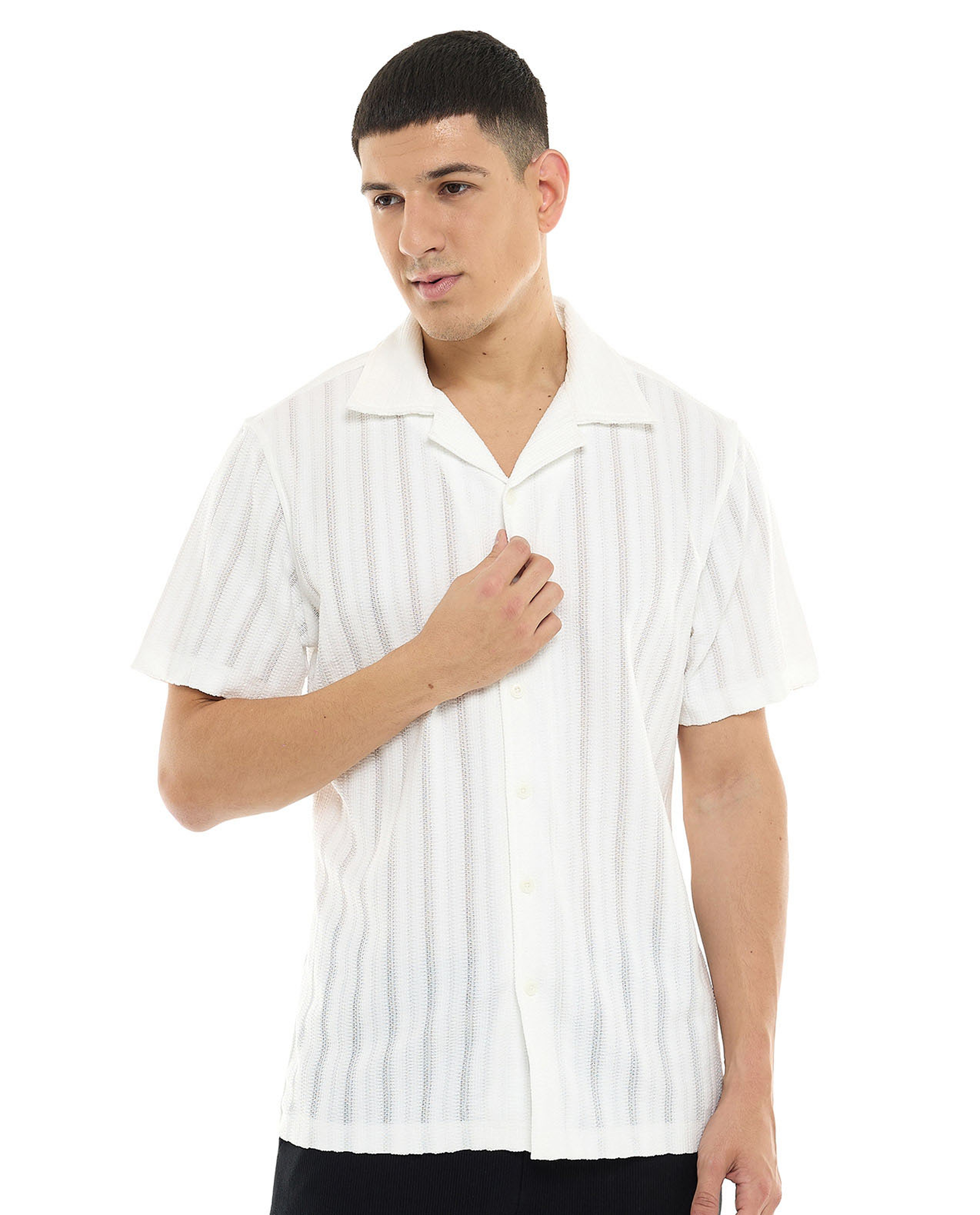 Striped Shirt with Revere Collar and Short Sleeves
