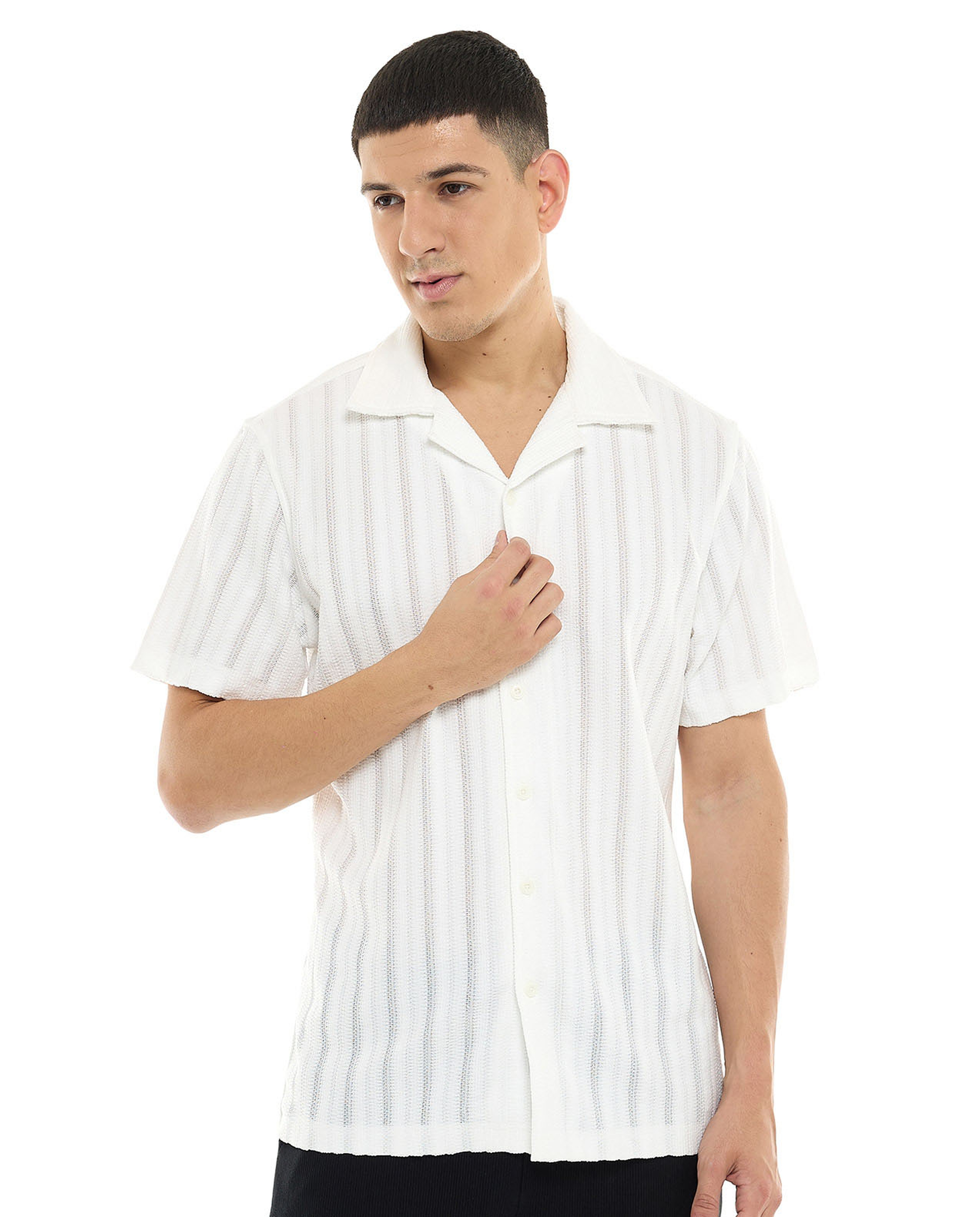 Striped Shirt with Revere Collar and Short Sleeves