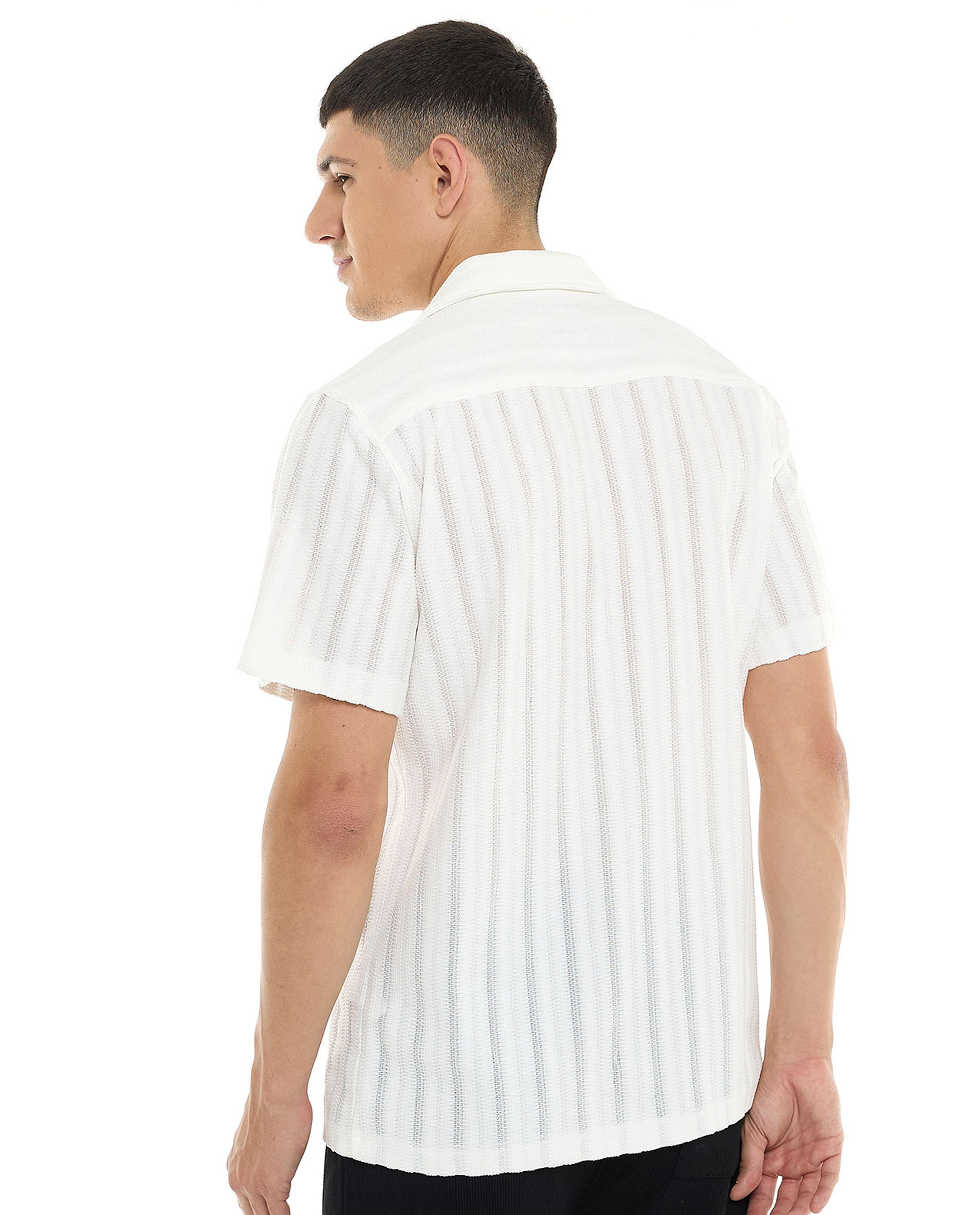 Striped Shirt with Revere Collar and Short Sleeves