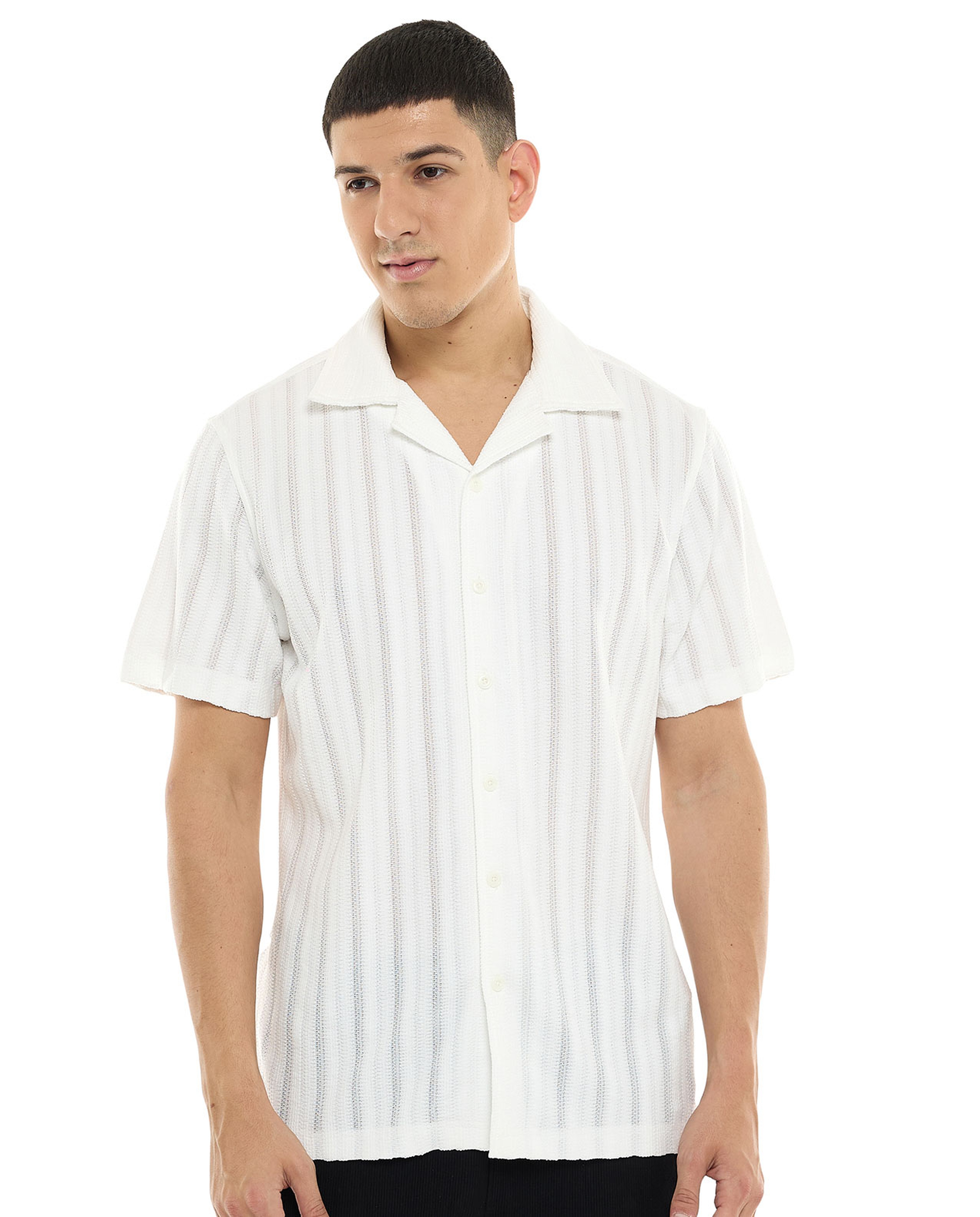Striped Shirt with Revere Collar and Short Sleeves