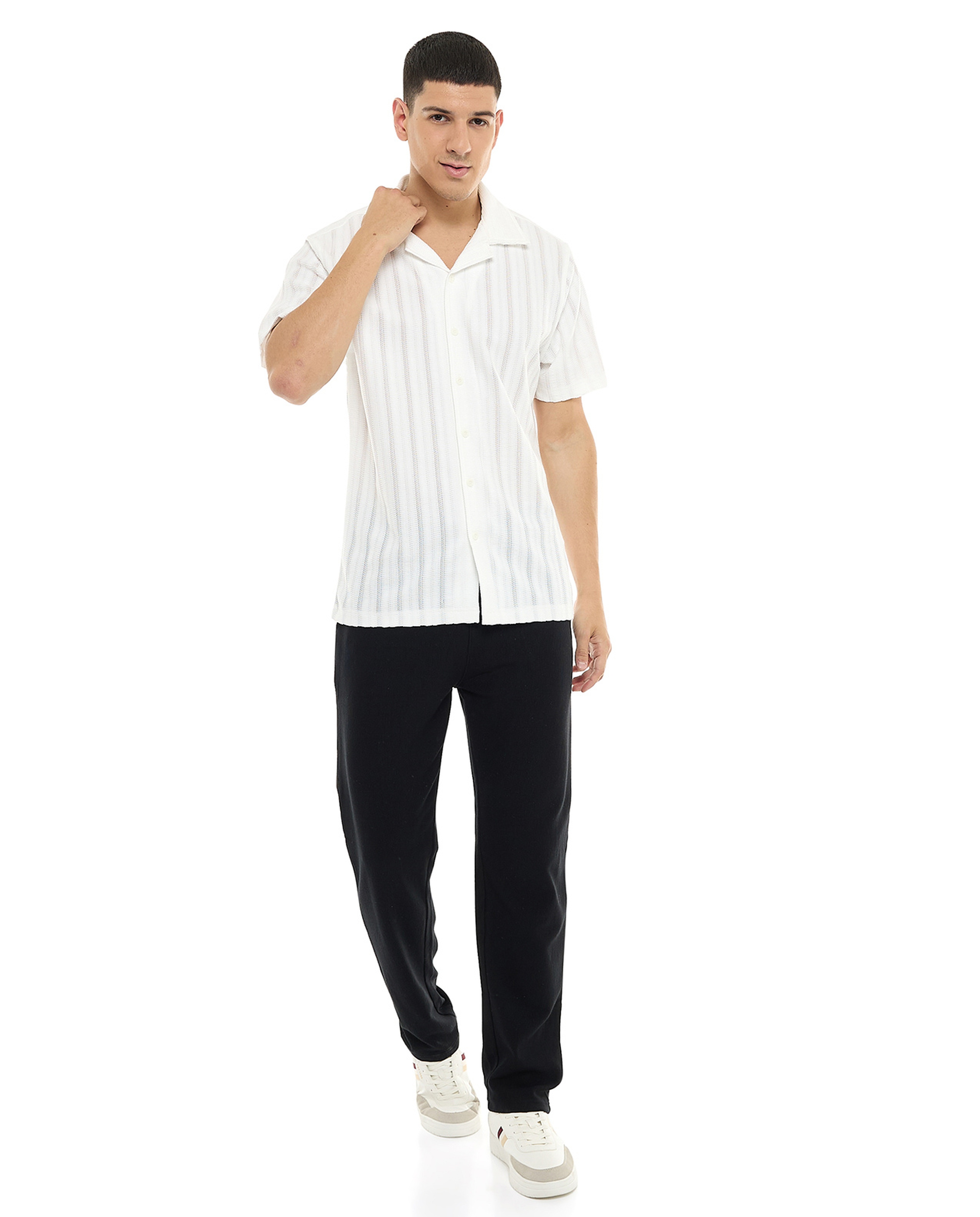 Striped Shirt with Revere Collar and Short Sleeves