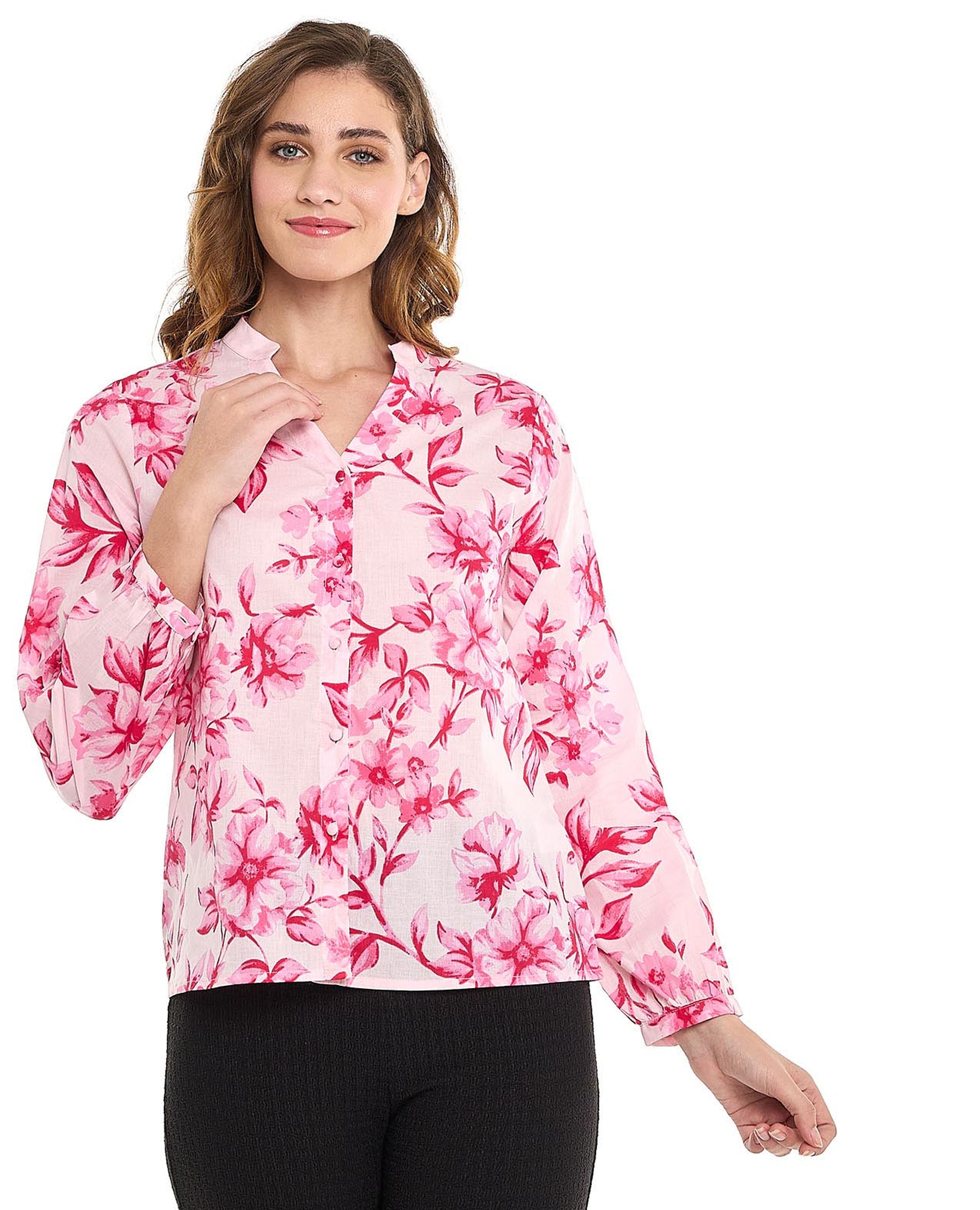 توب بأكمام باف وياقة واقفة وطبعة الزهور