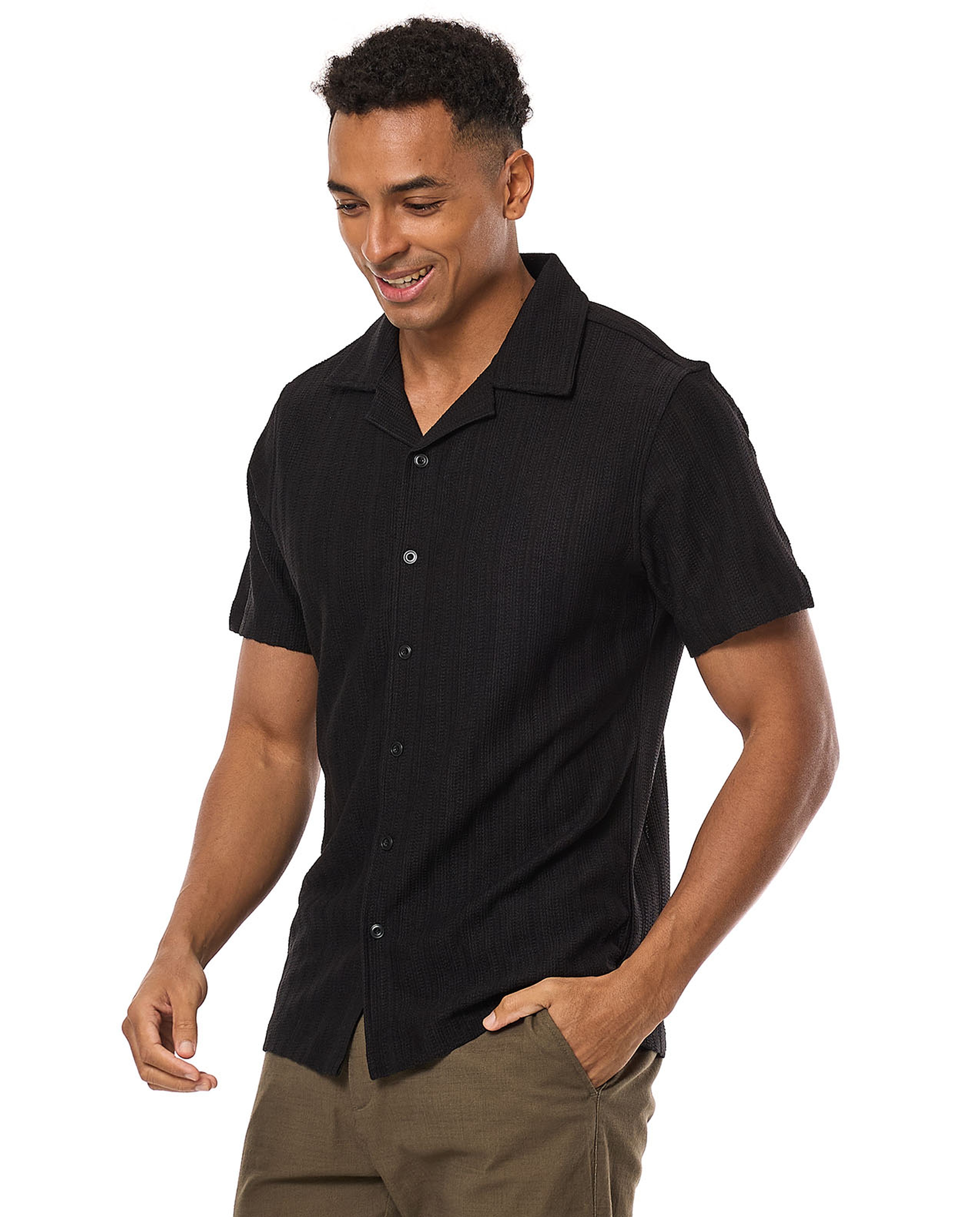 Striped Shirt with Revere Collar and Short Sleeves